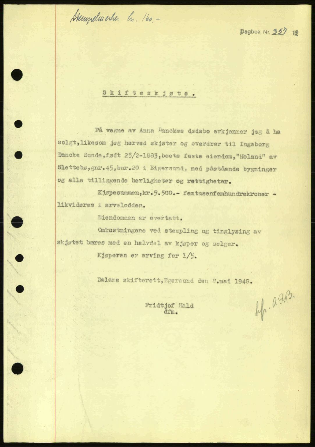 Dalane sorenskriveri, SAST/A-100309/02/G/Gb/L0051: Pantebok nr. A11, 1947-1948, Dagboknr: 357/1948