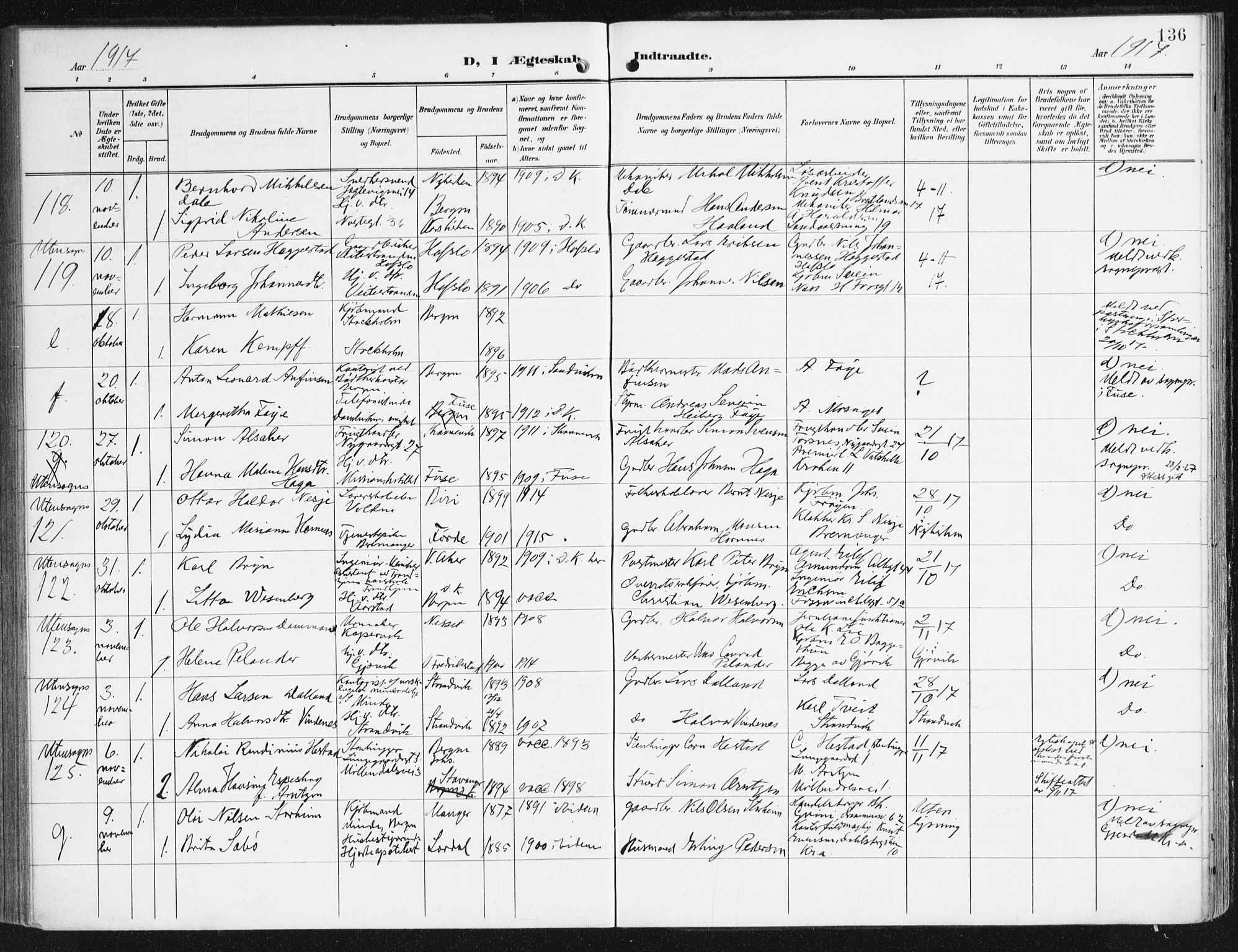 Domkirken sokneprestembete, AV/SAB-A-74801/H/Haa/L0038: Ministerialbok nr. D 5, 1906-1921, s. 136