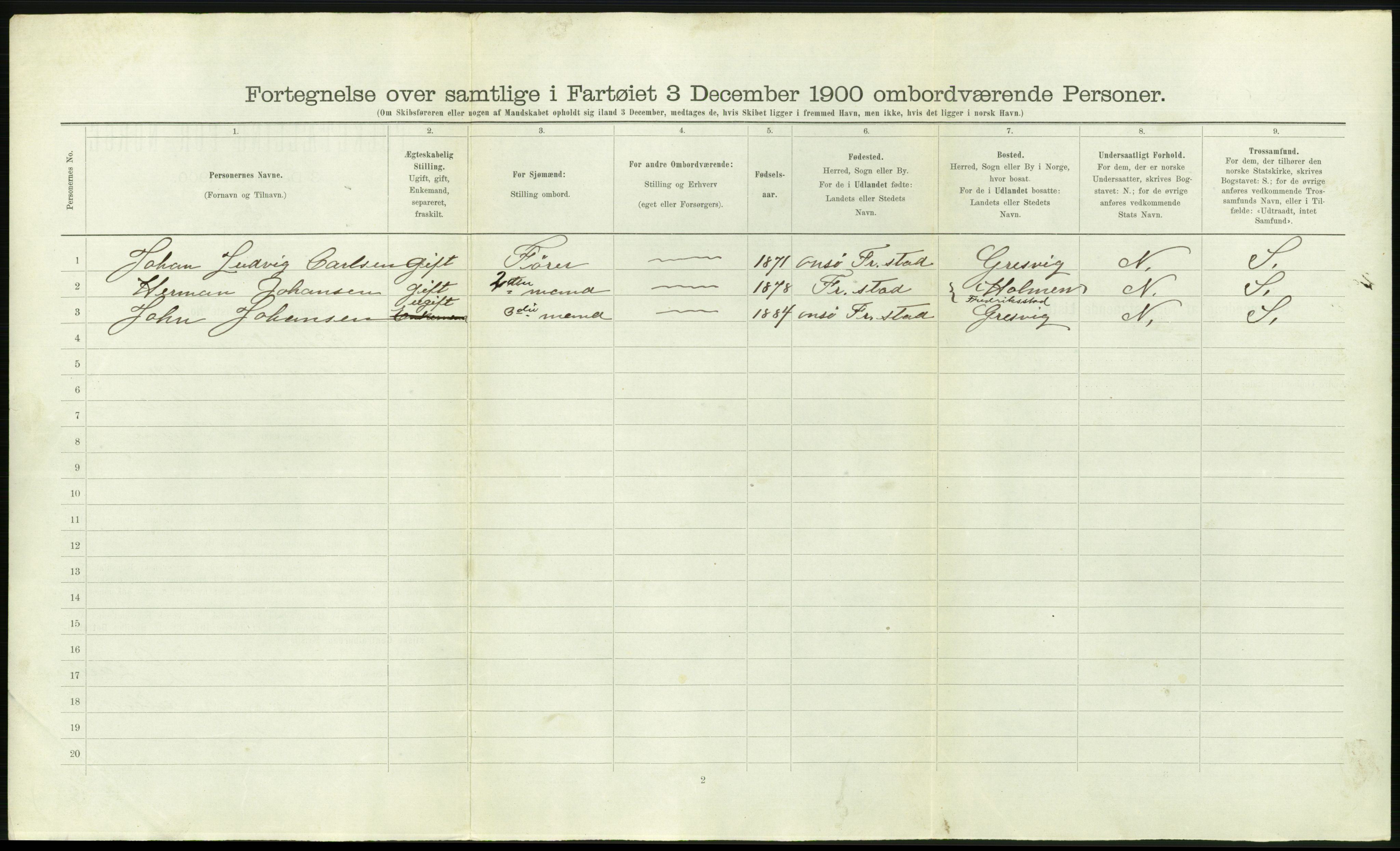 RA, Folketelling 1900 - skipslister med personlister for skip i norske havner, utenlandske havner og til havs, 1900, s. 1174