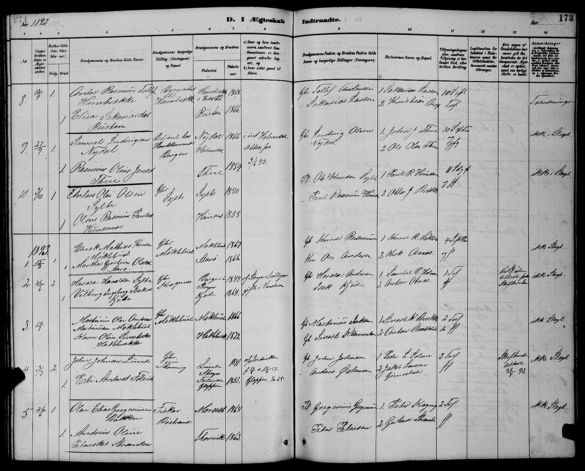 Ministerialprotokoller, klokkerbøker og fødselsregistre - Møre og Romsdal, AV/SAT-A-1454/501/L0017: Klokkerbok nr. 501C03, 1885-1901, s. 173