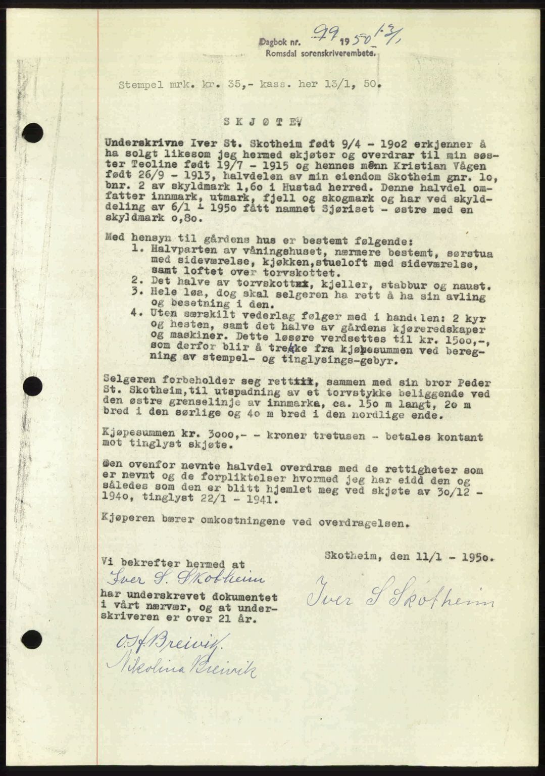 Romsdal sorenskriveri, SAT/A-4149/1/2/2C: Pantebok nr. A32, 1950-1950, Dagboknr: 99/1950