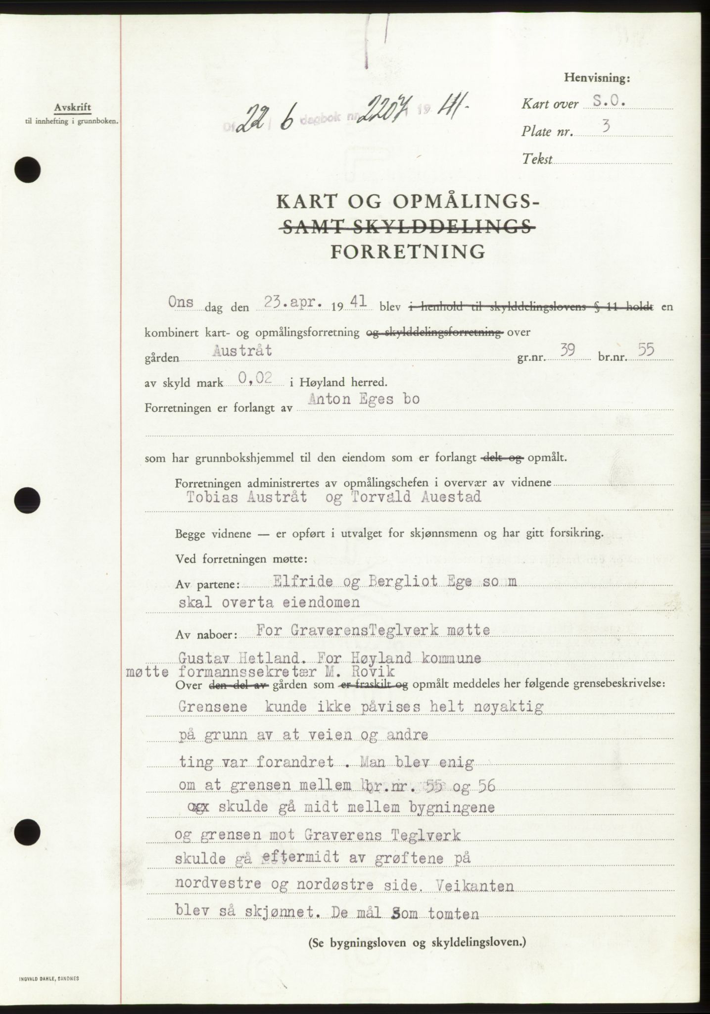 Jæren sorenskriveri, SAST/A-100310/03/G/Gba/L0080: Pantebok, 1941-1941, Dagboknr: 2207/1941