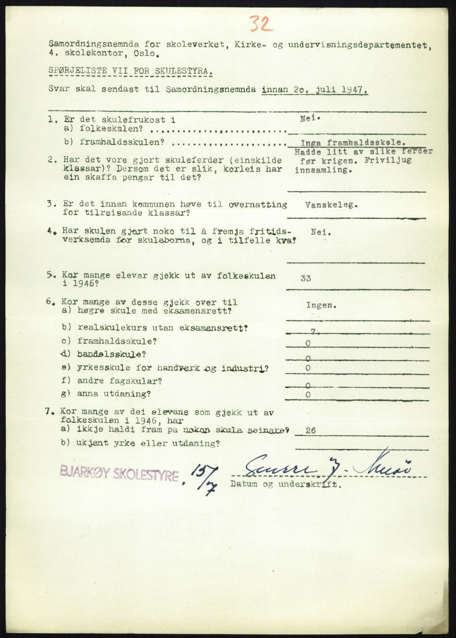 Kirke- og undervisningsdepartementet, Samordningsnemnda for skoleverket, RA/S-1146/D/L0008: Svar på spørreskjema fra kommuner i Nord-Trøndelag, Nordland, Troms og Finnmark, 1947, s. 886