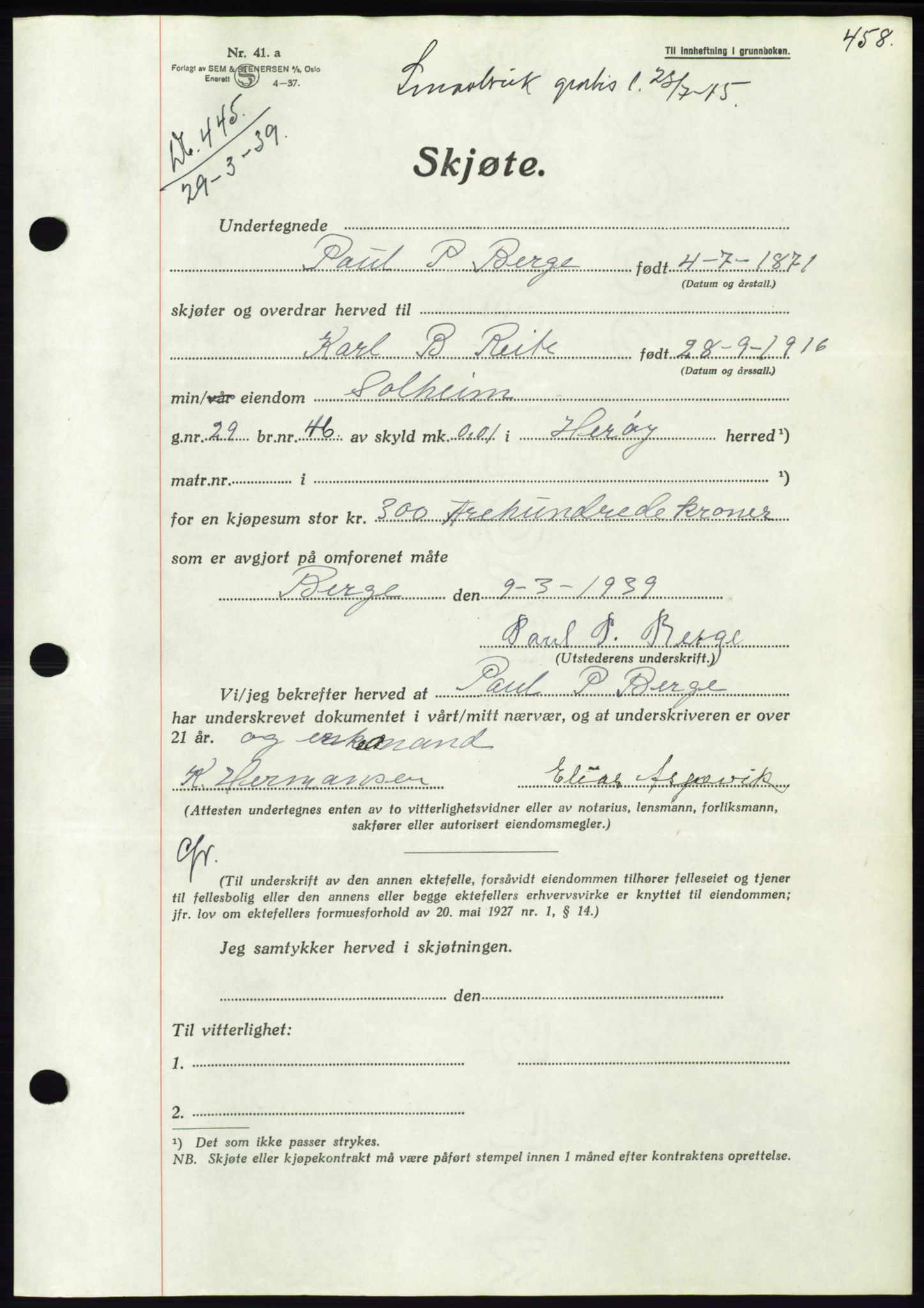 Søre Sunnmøre sorenskriveri, AV/SAT-A-4122/1/2/2C/L0067: Pantebok nr. 61, 1938-1939, Dagboknr: 445/1939