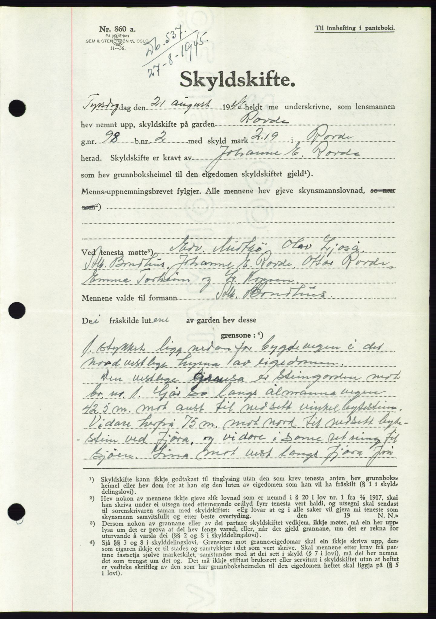 Søre Sunnmøre sorenskriveri, AV/SAT-A-4122/1/2/2C/L0077: Pantebok nr. 3A, 1945-1946, Dagboknr: 537/1945