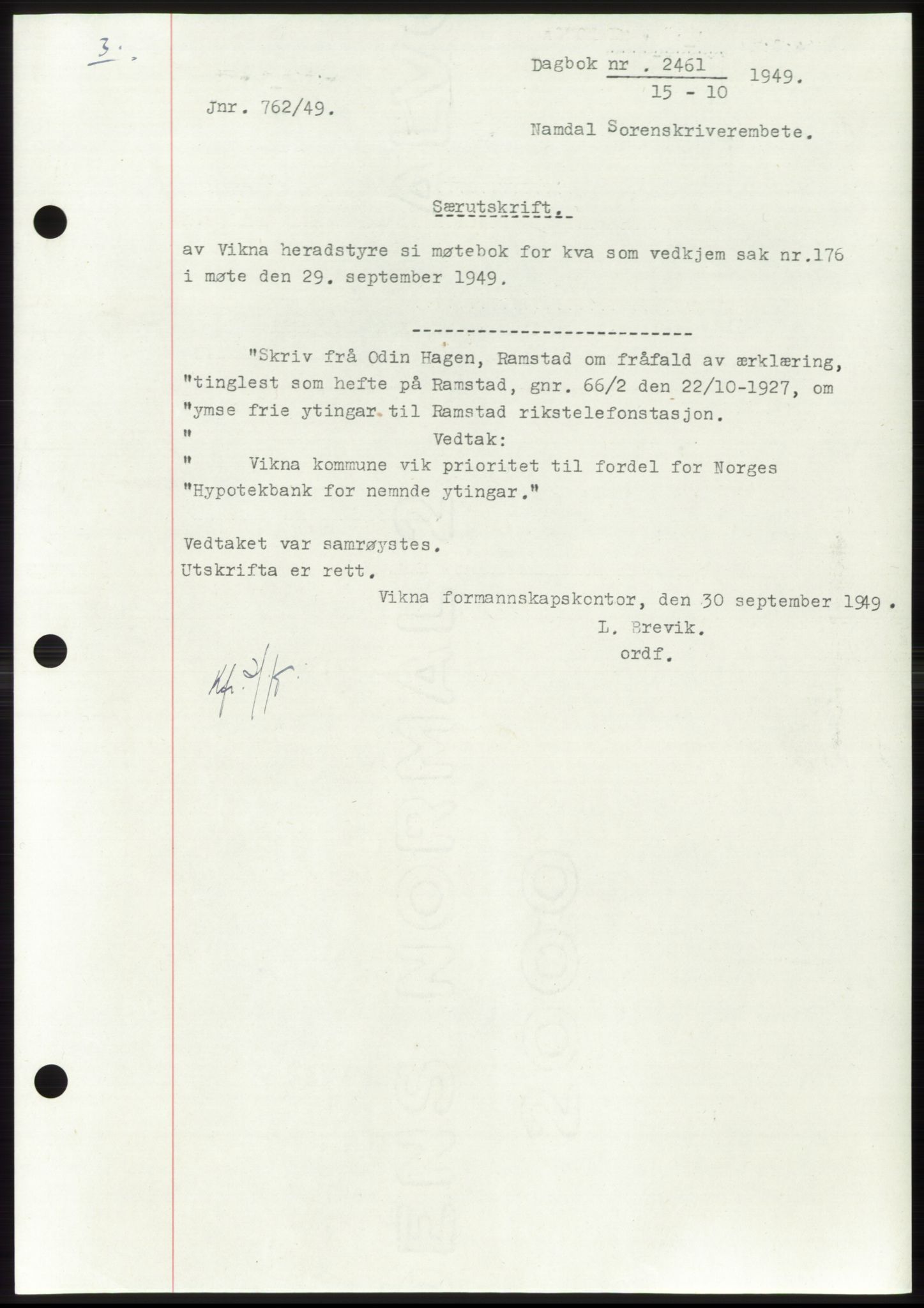 Namdal sorenskriveri, SAT/A-4133/1/2/2C: Pantebok nr. -, 1949-1949, Dagboknr: 2461/1949