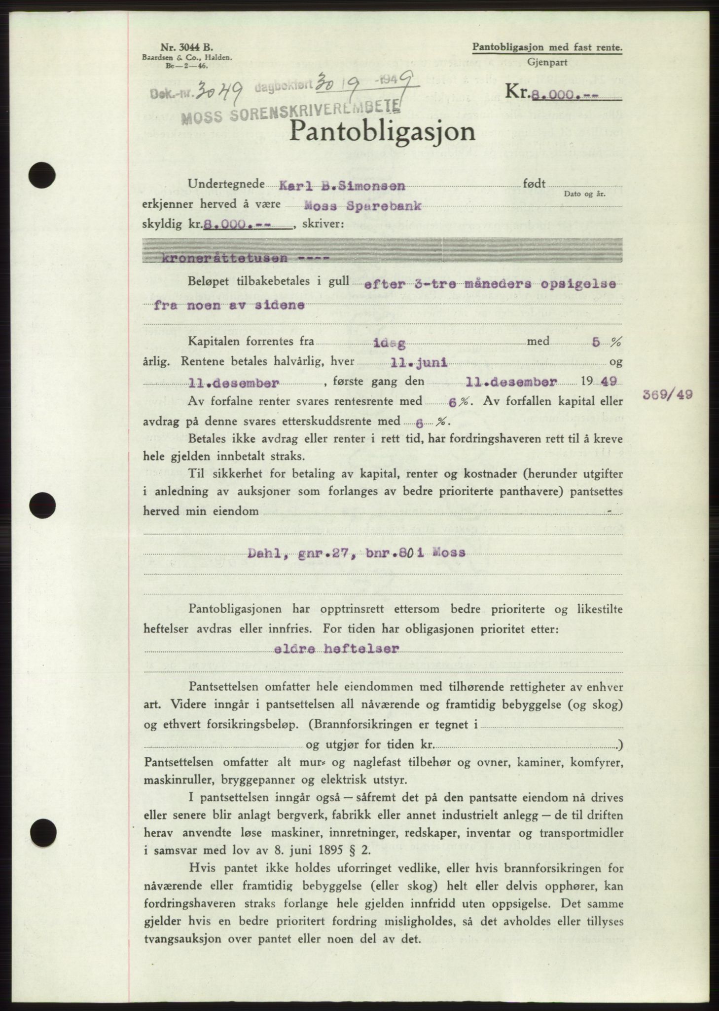 Moss sorenskriveri, SAO/A-10168: Pantebok nr. B22, 1949-1949, Dagboknr: 3049/1949