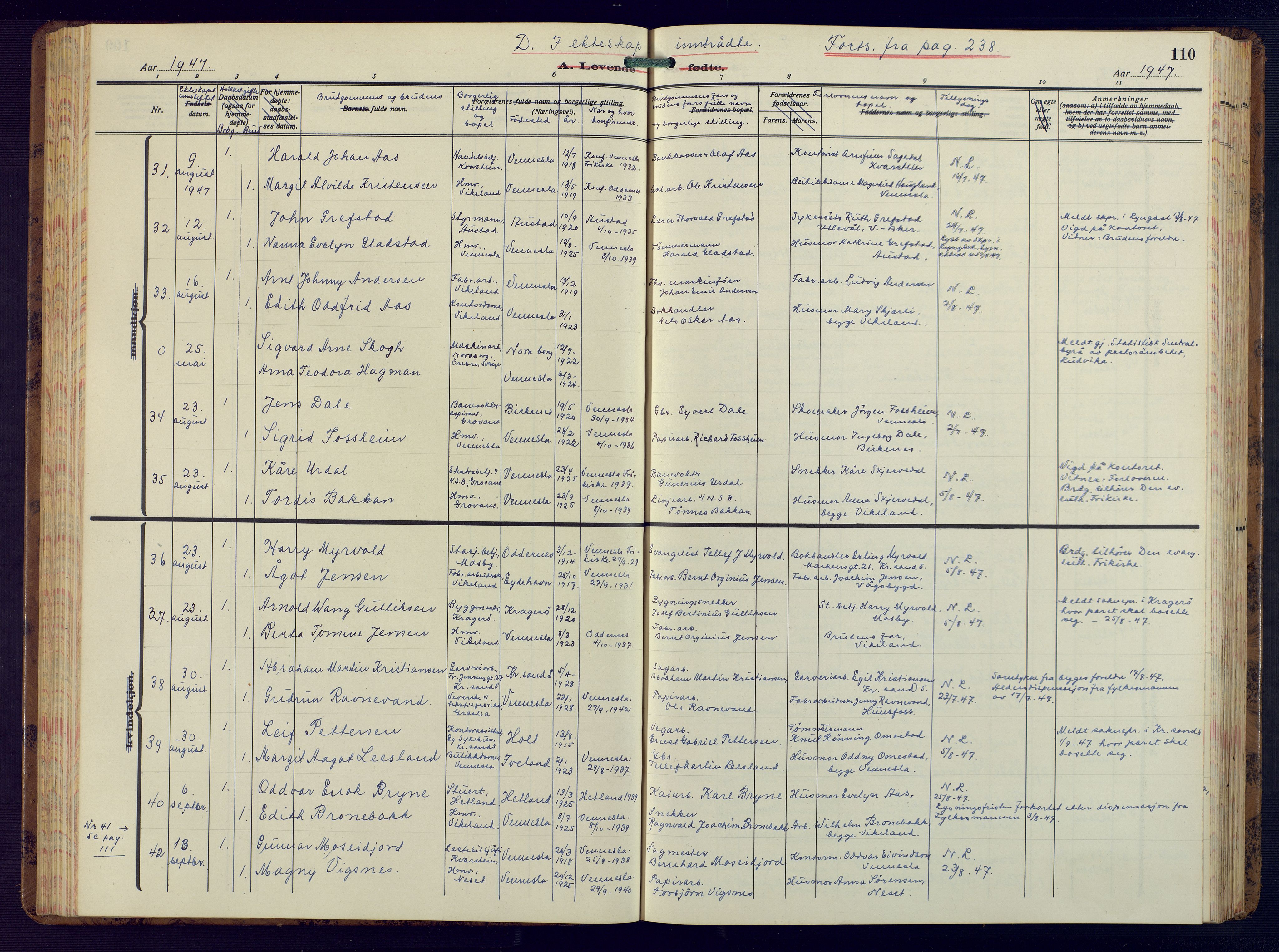 Vennesla sokneprestkontor, AV/SAK-1111-0045/Fb/Fbb/L0008: Klokkerbok nr. B 8, 1934-1947, s. 110