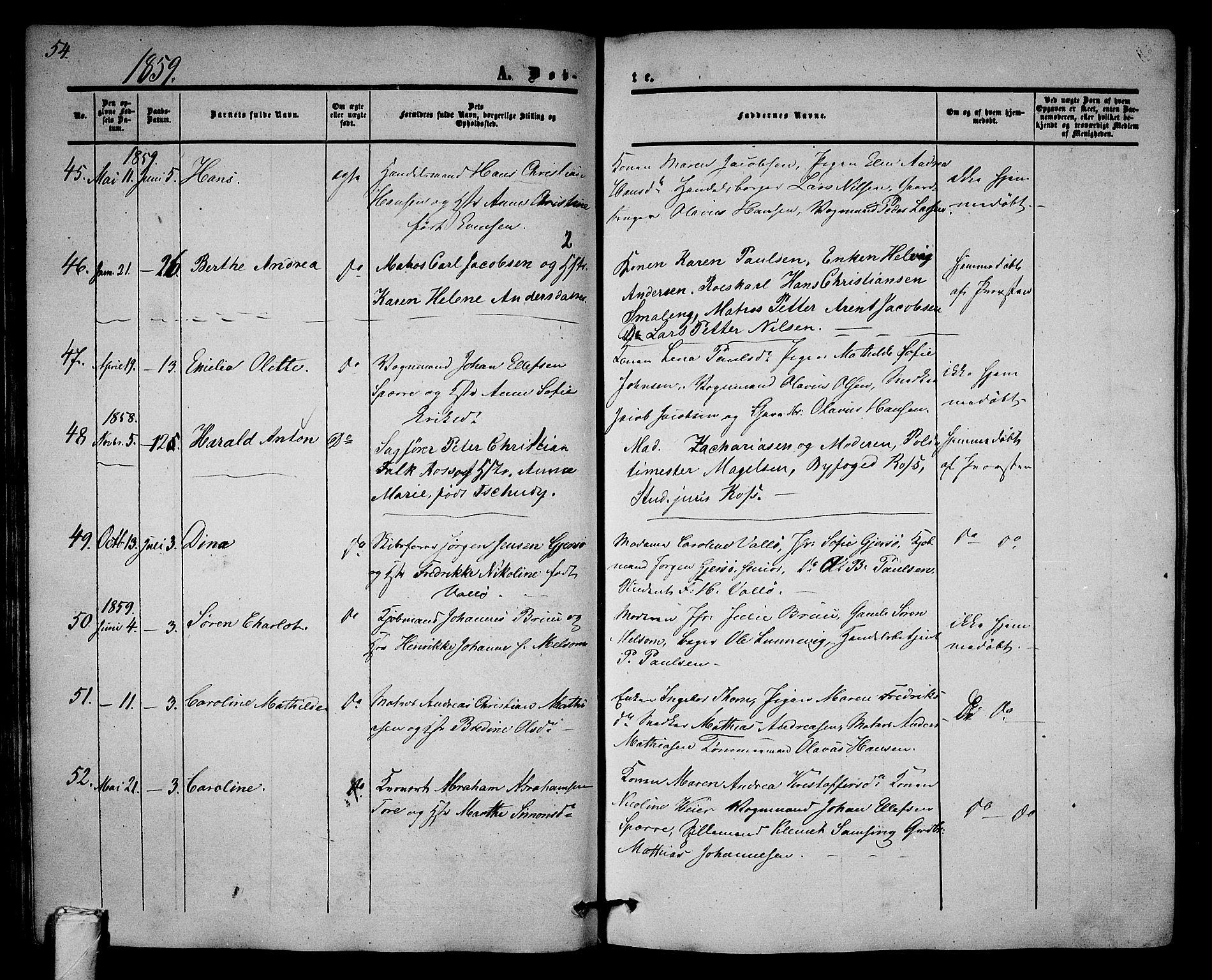 Tønsberg kirkebøker, AV/SAKO-A-330/G/Ga/L0003: Klokkerbok nr. 3, 1855-1864, s. 54