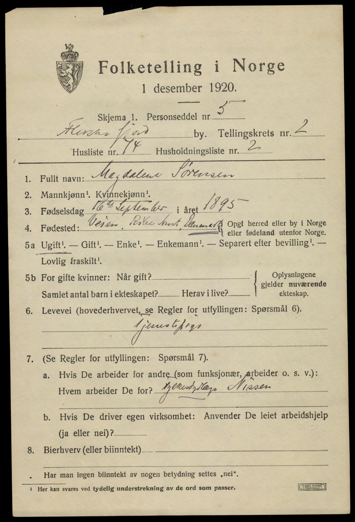 SAK, Folketelling 1920 for 1004 Flekkefjord kjøpstad, 1920, s. 3390