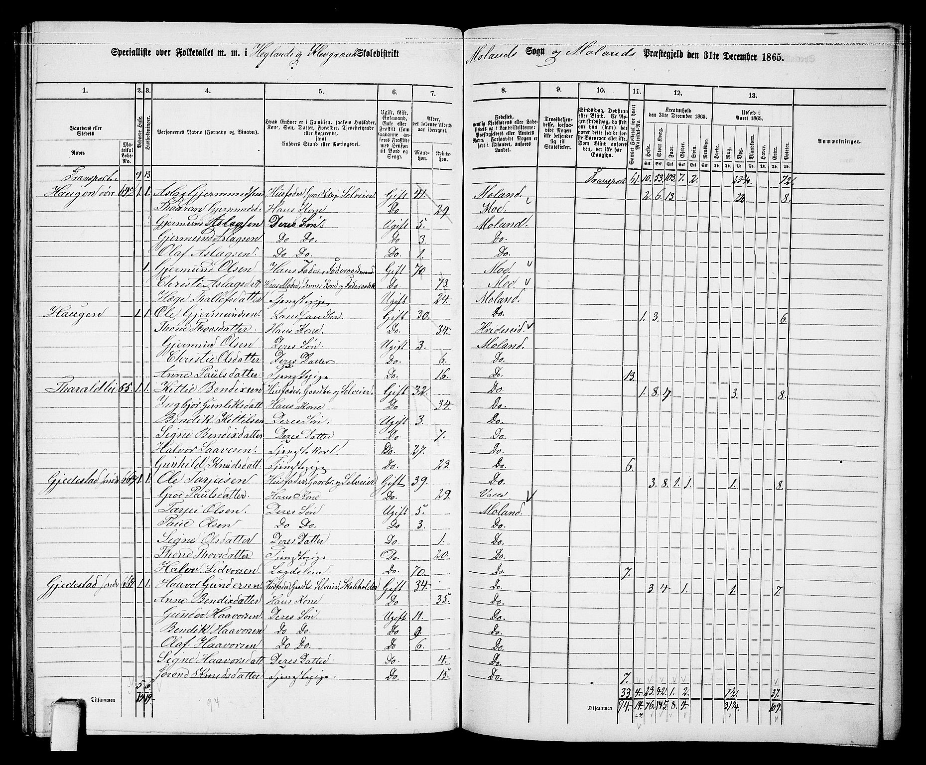 RA, Folketelling 1865 for 0831P Moland prestegjeld, 1865, s. 62
