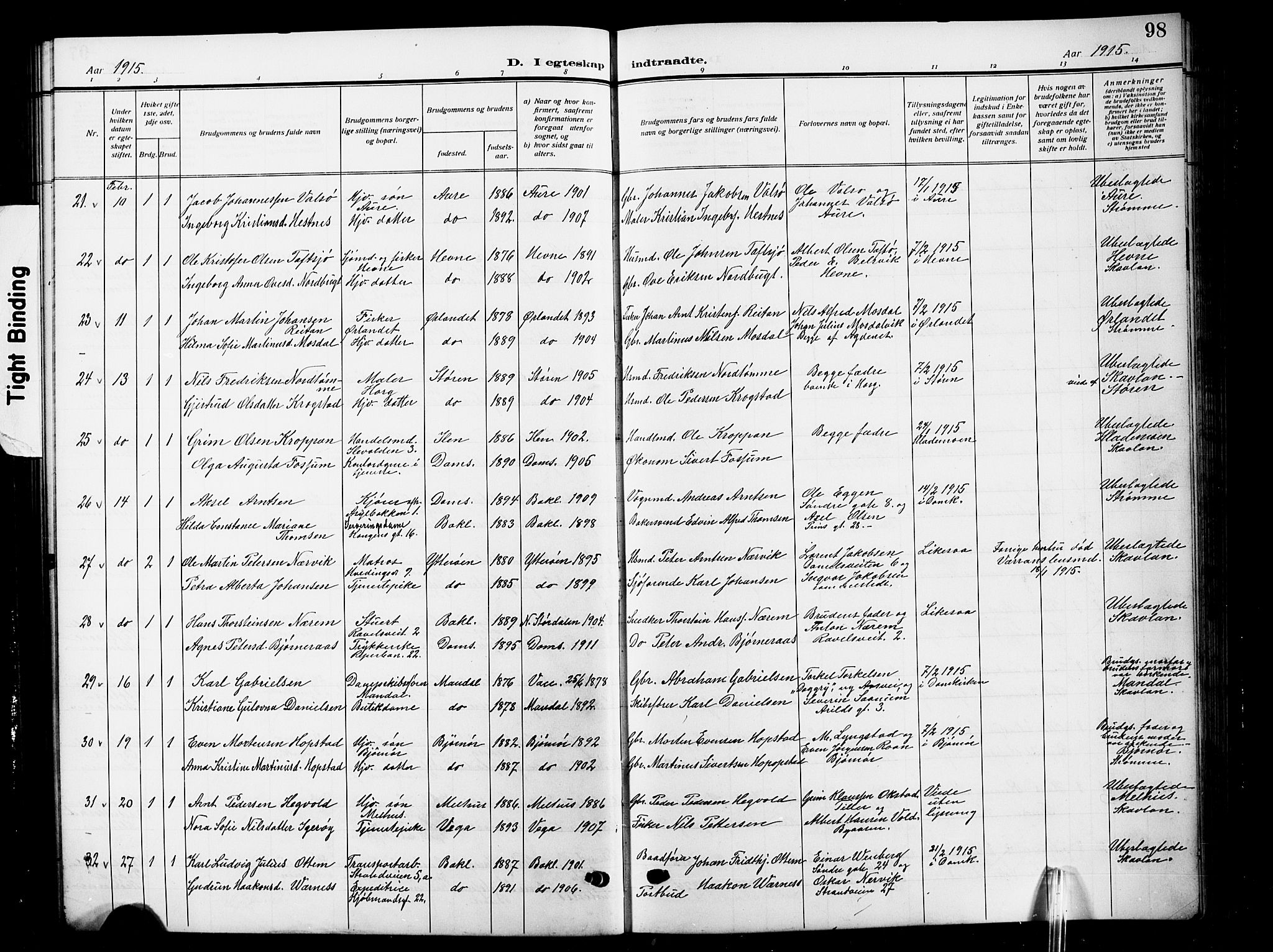 Ministerialprotokoller, klokkerbøker og fødselsregistre - Sør-Trøndelag, AV/SAT-A-1456/601/L0097: Klokkerbok nr. 601C15, 1911-1921, s. 98