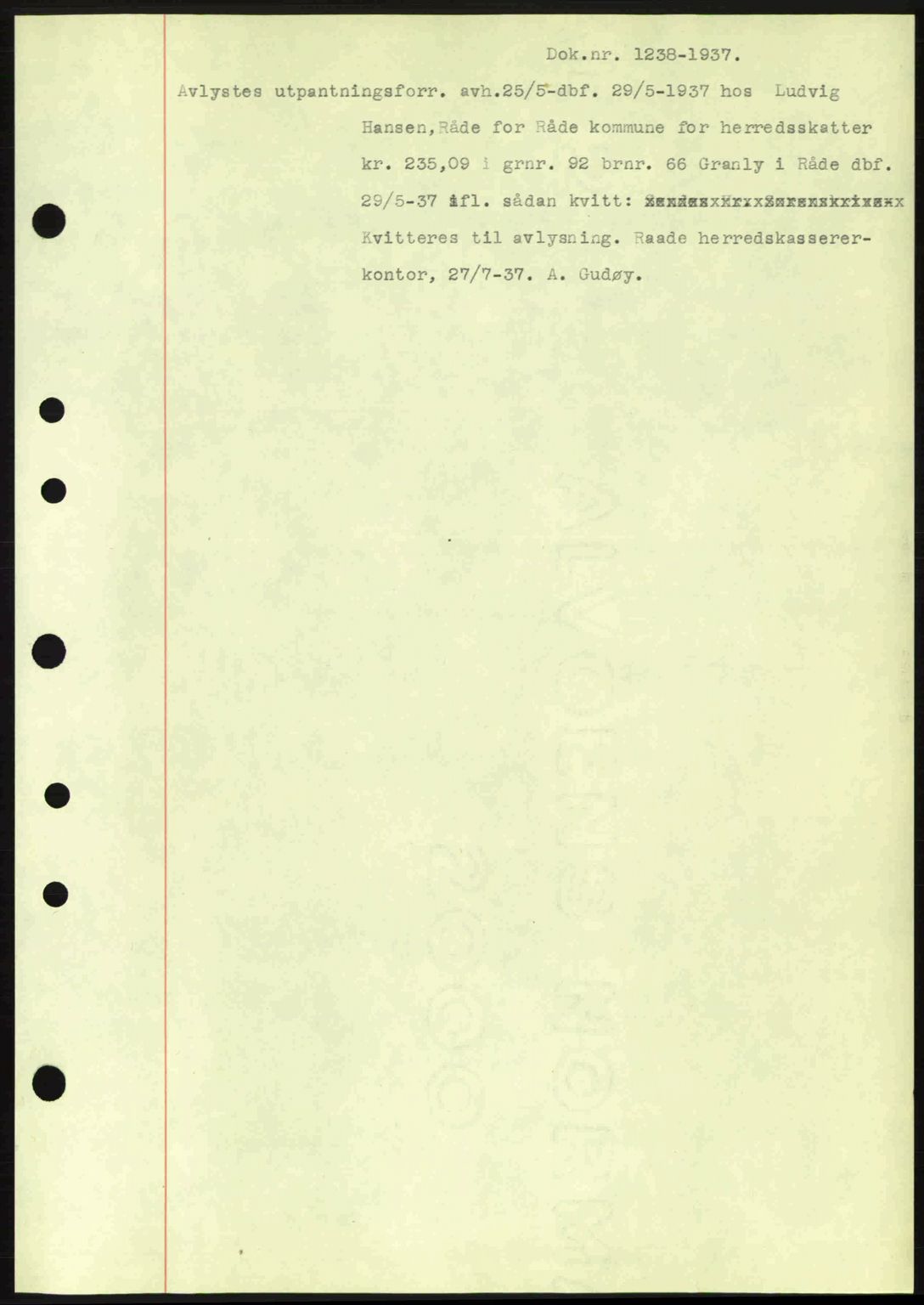 Moss sorenskriveri, SAO/A-10168: Pantebok nr. B3, 1937-1937, Dagboknr: 1238/1937
