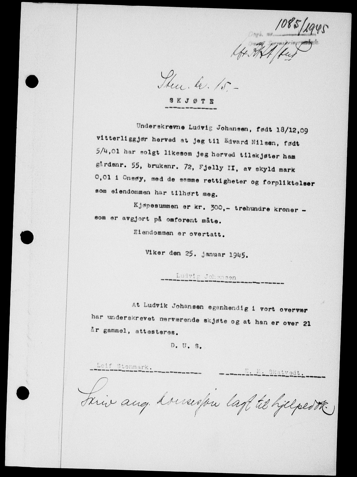 Onsøy sorenskriveri, SAO/A-10474/G/Ga/Gab/L0014: Pantebok nr. II A-14, 1944-1945, Dagboknr: 1085/1945