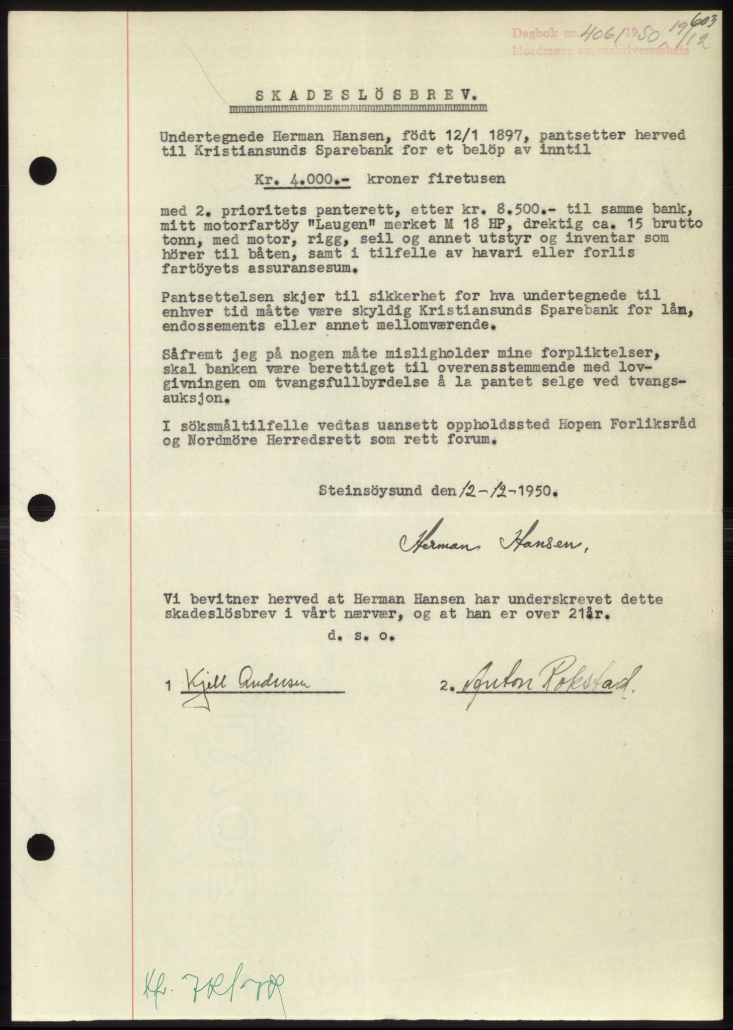 Nordmøre sorenskriveri, SAT/A-4132/1/2/2Ca: Pantebok nr. B106, 1950-1950, Dagboknr: 4061/1950