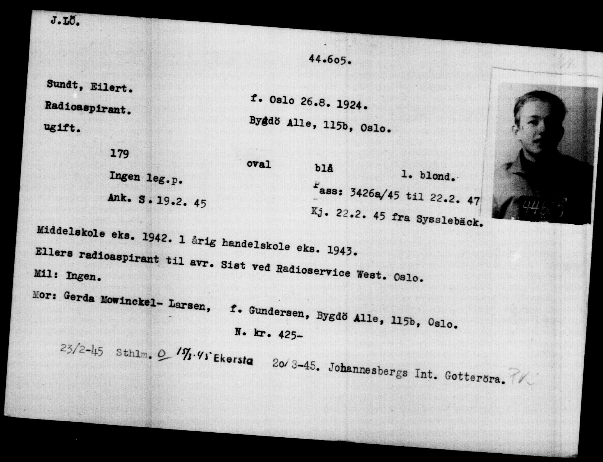 Utenriksstasjonene, Legasjonen i Stockholm, Flyktningkontoret, AV/RA-S-6753/V/Va/L0017: Kjesäterkartoteket, flyktninger med registreringsnr. 43400-46318, 1940-1945, s. 1263