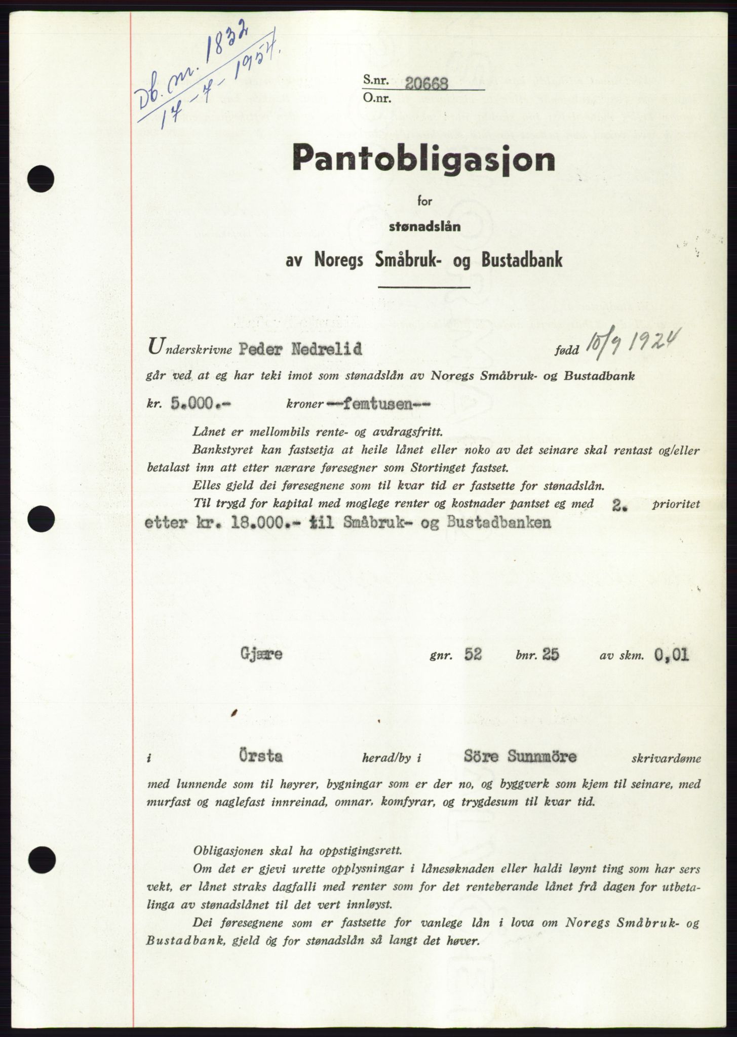 Søre Sunnmøre sorenskriveri, SAT/A-4122/1/2/2C/L0125: Pantebok nr. 13B, 1954-1954, Dagboknr: 1832/1954