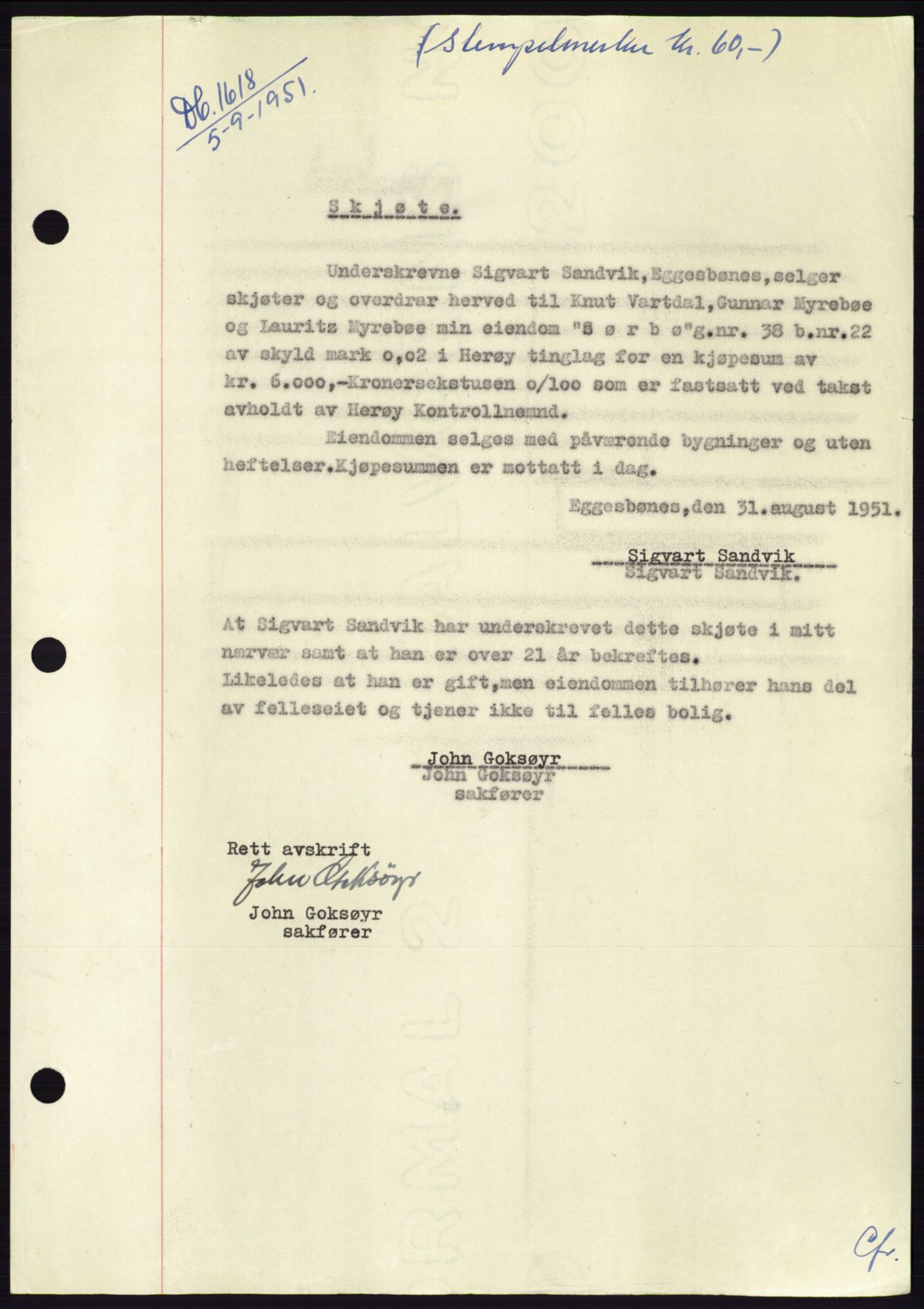 Søre Sunnmøre sorenskriveri, SAT/A-4122/1/2/2C/L0089: Pantebok nr. 15A, 1951-1951, Dagboknr: 1618/1951