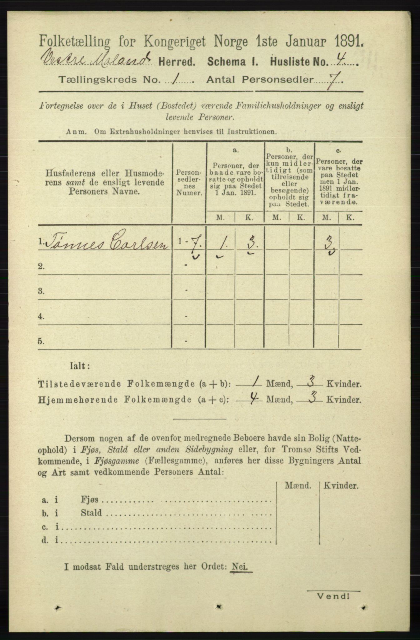 RA, Folketelling 1891 for 0926 Vestre Moland herred, 1891, s. 27