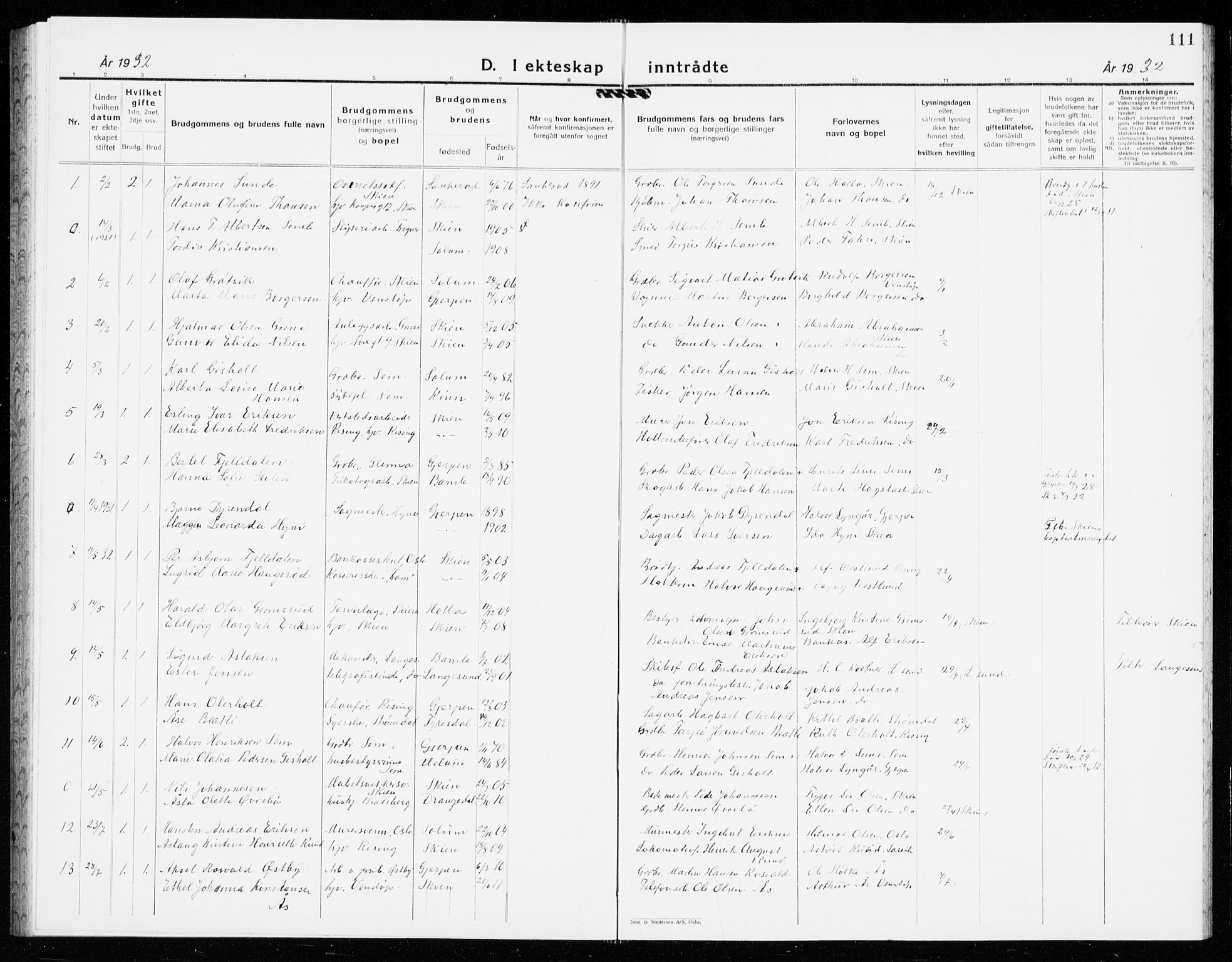 Gjerpen kirkebøker, AV/SAKO-A-265/G/Ga/L0005: Klokkerbok nr. I 5, 1932-1940, s. 111