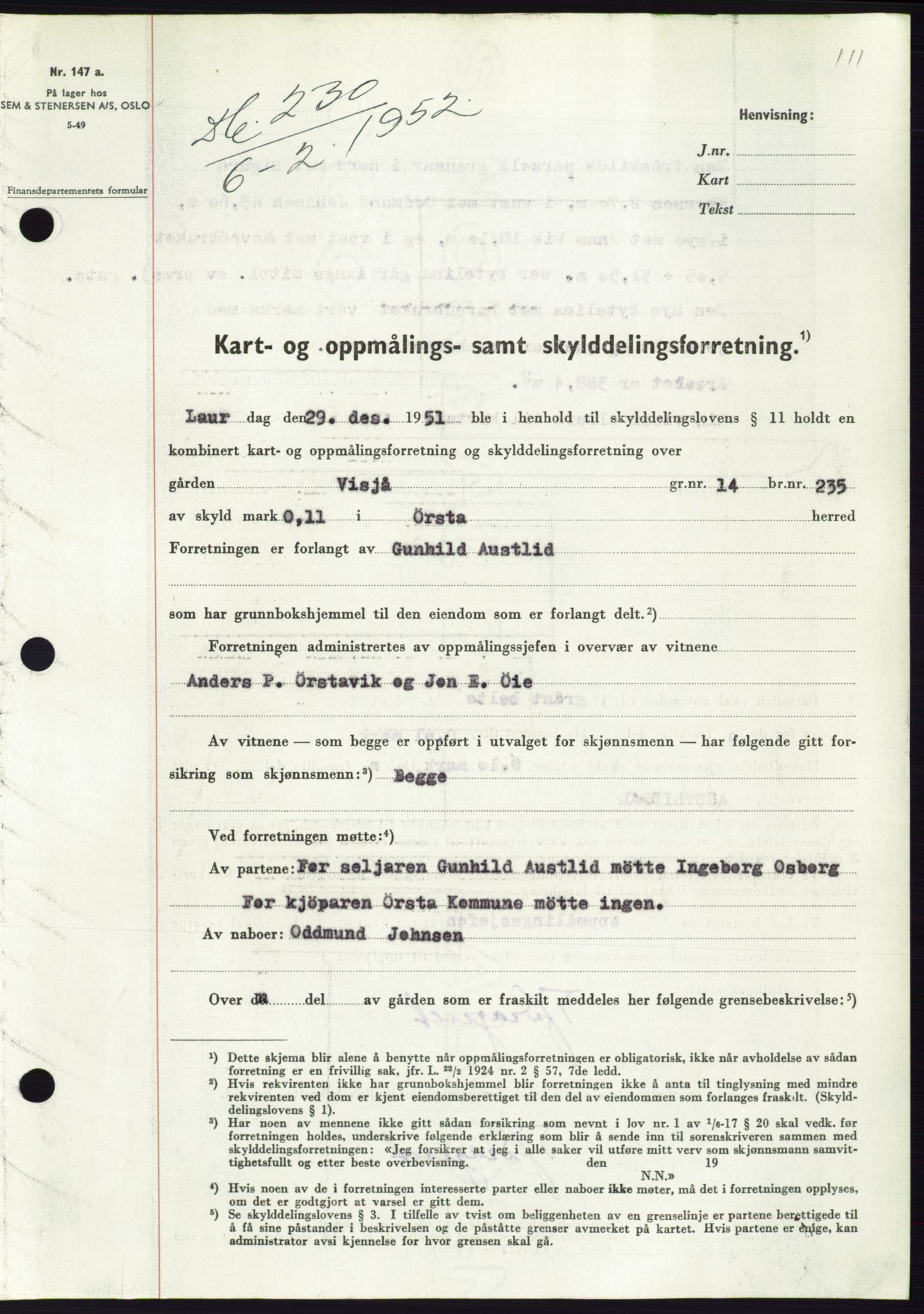 Søre Sunnmøre sorenskriveri, SAT/A-4122/1/2/2C/L0091: Pantebok nr. 17A, 1951-1952, Dagboknr: 230/1952