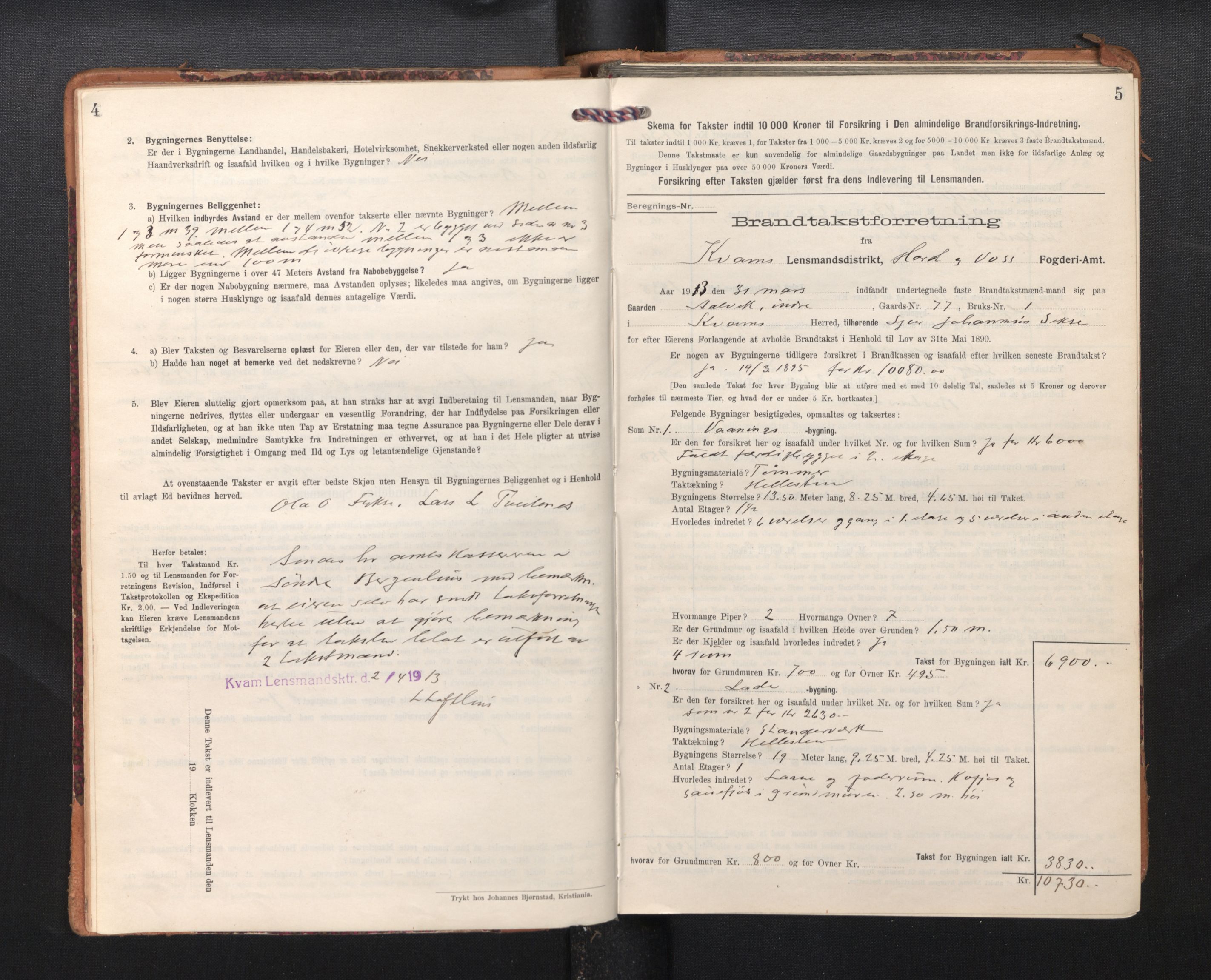 Lensmannen i Kvam, AV/SAB-A-33201/0012/L0006: Branntakstprotokoll, skjematakst, 1913-1955, s. 4-5