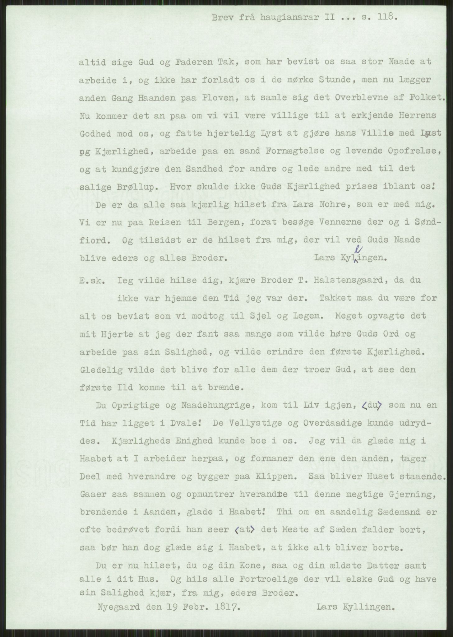 Samlinger til kildeutgivelse, Haugianerbrev, AV/RA-EA-6834/F/L0002: Haugianerbrev II: 1805-1821, 1805-1821, s. 118