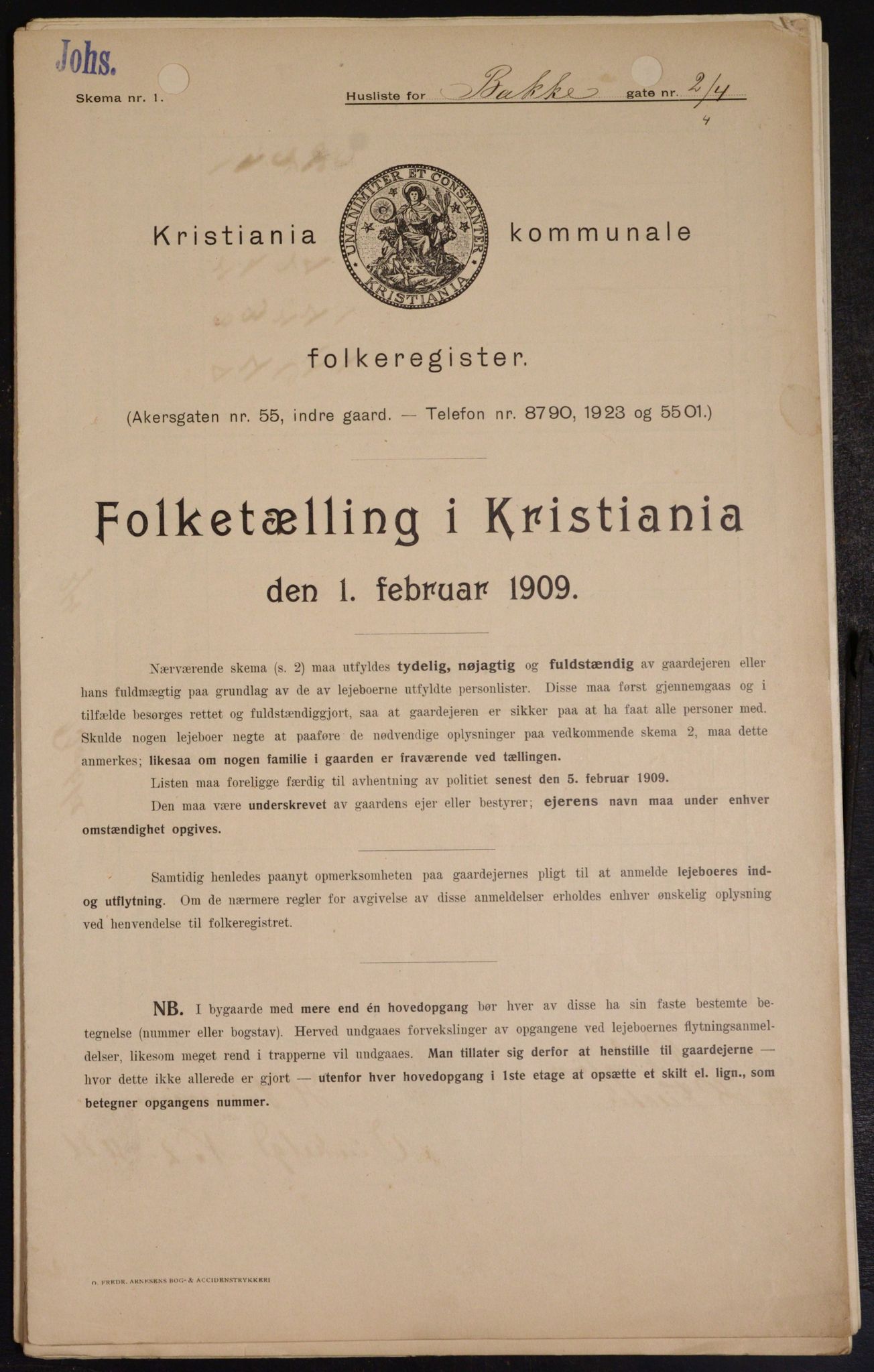 OBA, Kommunal folketelling 1.2.1909 for Kristiania kjøpstad, 1909, s. 2468