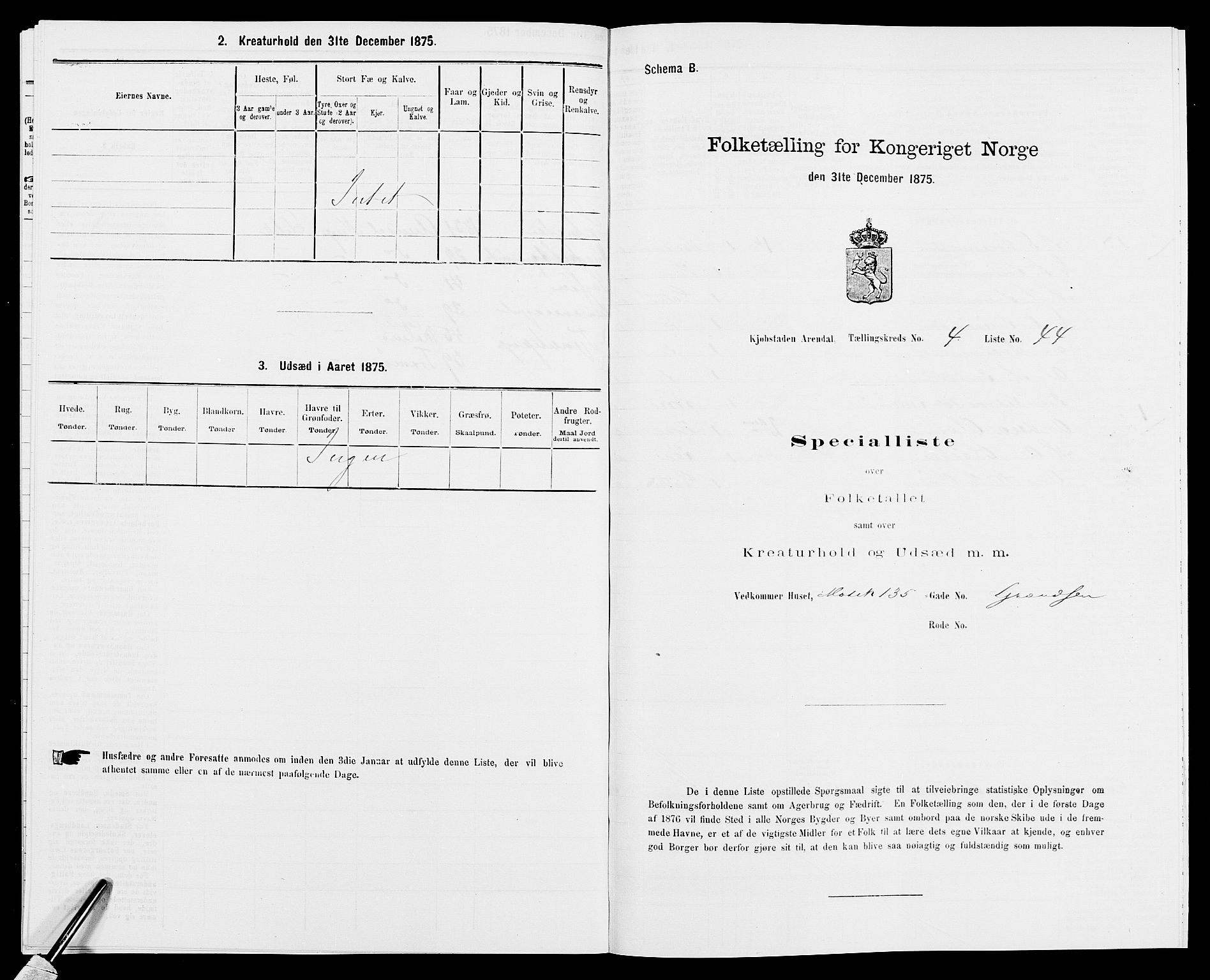 SAK, Folketelling 1875 for 0903P Arendal prestegjeld, 1875, s. 114