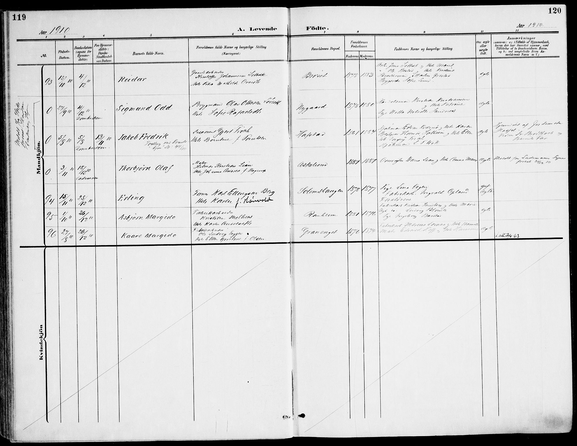 Ministerialprotokoller, klokkerbøker og fødselsregistre - Sør-Trøndelag, AV/SAT-A-1456/607/L0320: Ministerialbok nr. 607A04, 1907-1915, s. 119-120