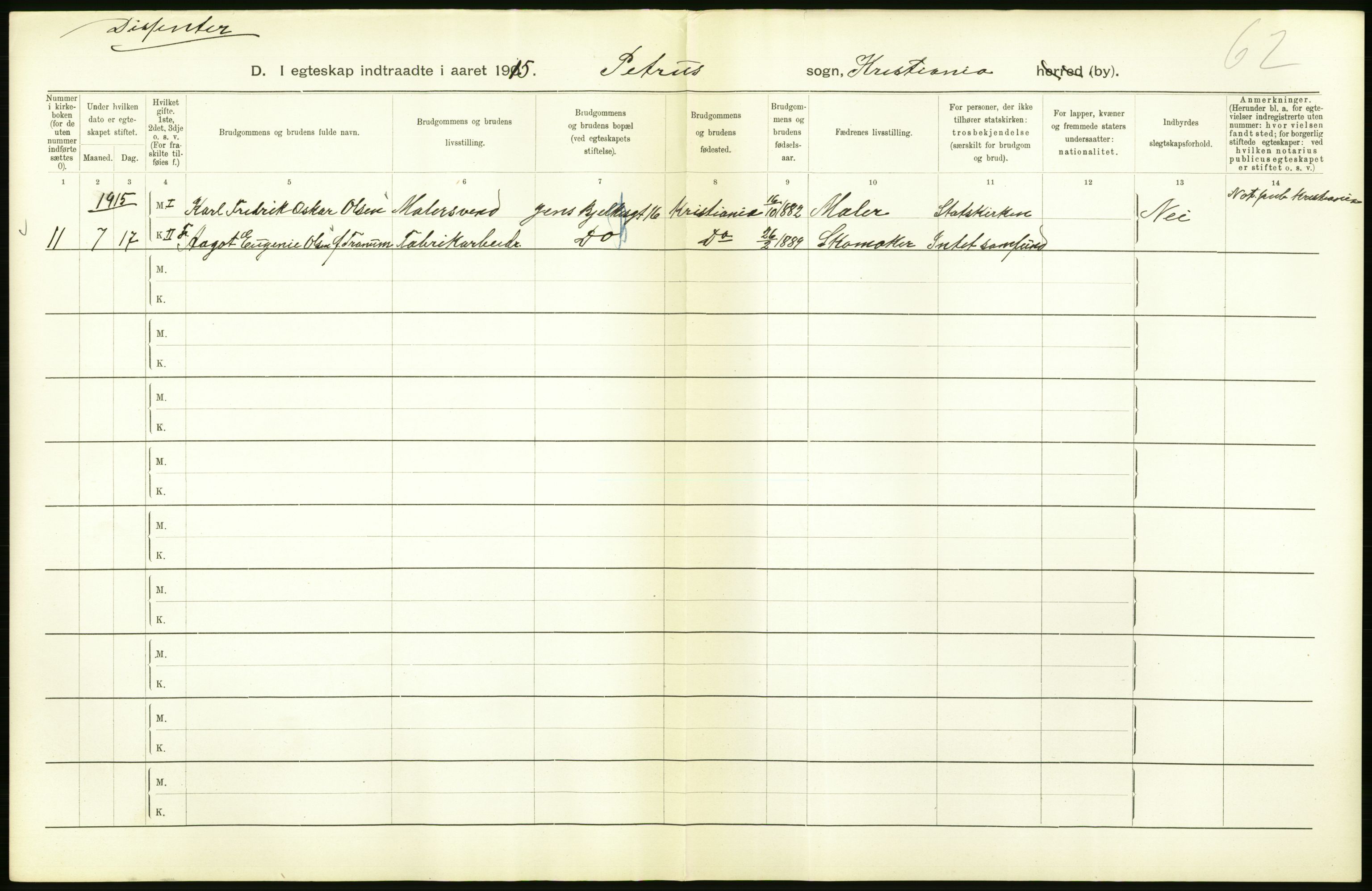 Statistisk sentralbyrå, Sosiodemografiske emner, Befolkning, RA/S-2228/D/Df/Dfb/Dfbe/L0008: Kristiania: Gifte., 1915, s. 448