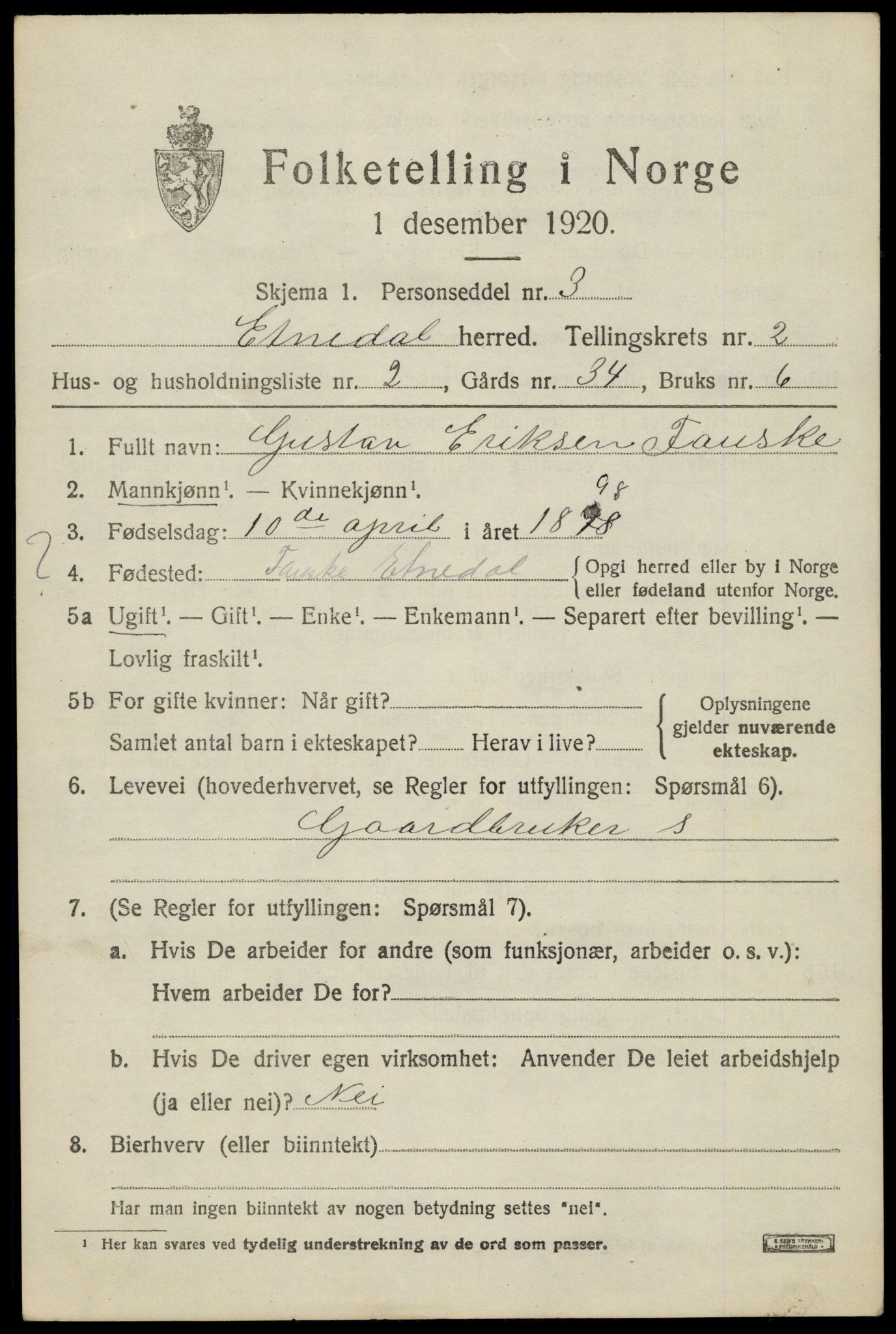 SAH, Folketelling 1920 for 0541 Etnedal herred, 1920, s. 1054