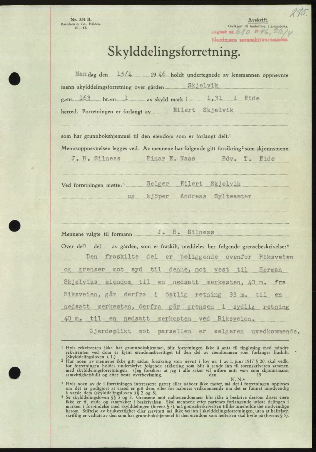 Nordmøre sorenskriveri, AV/SAT-A-4132/1/2/2Ca: Pantebok nr. A101, 1946-1946, Dagboknr: 680/1946