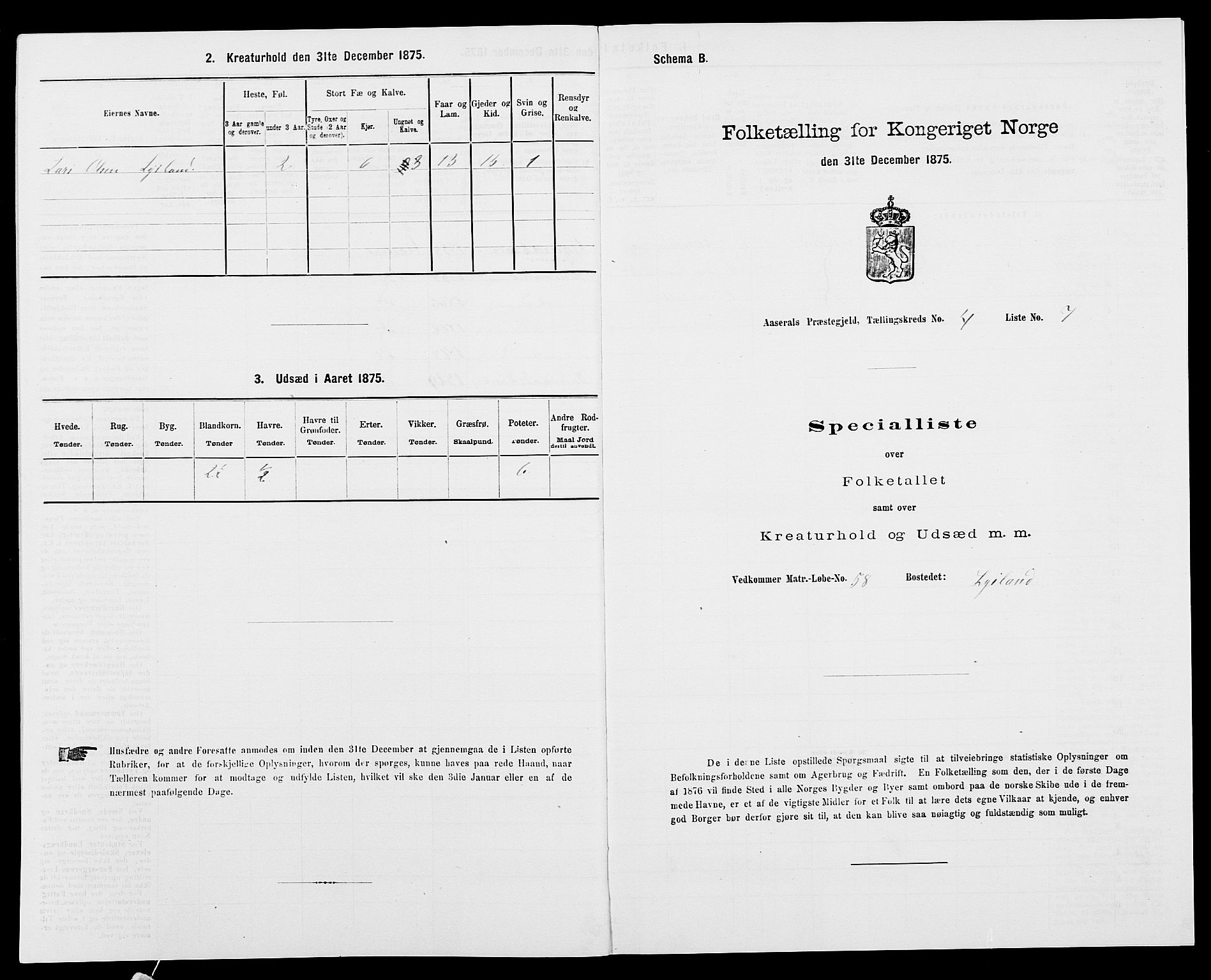 SAK, Folketelling 1875 for 0980P Åseral prestegjeld, 1875, s. 293