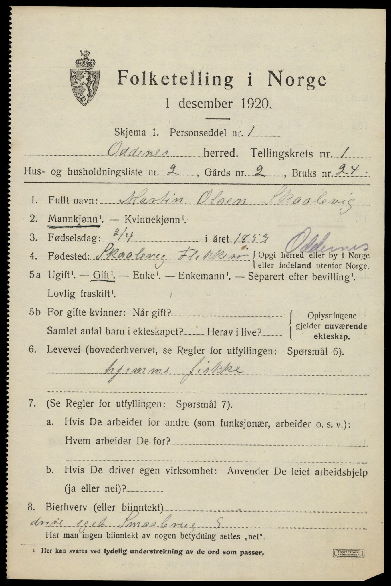 SAK, Folketelling 1920 for 1012 Oddernes herred, 1920, s. 2011