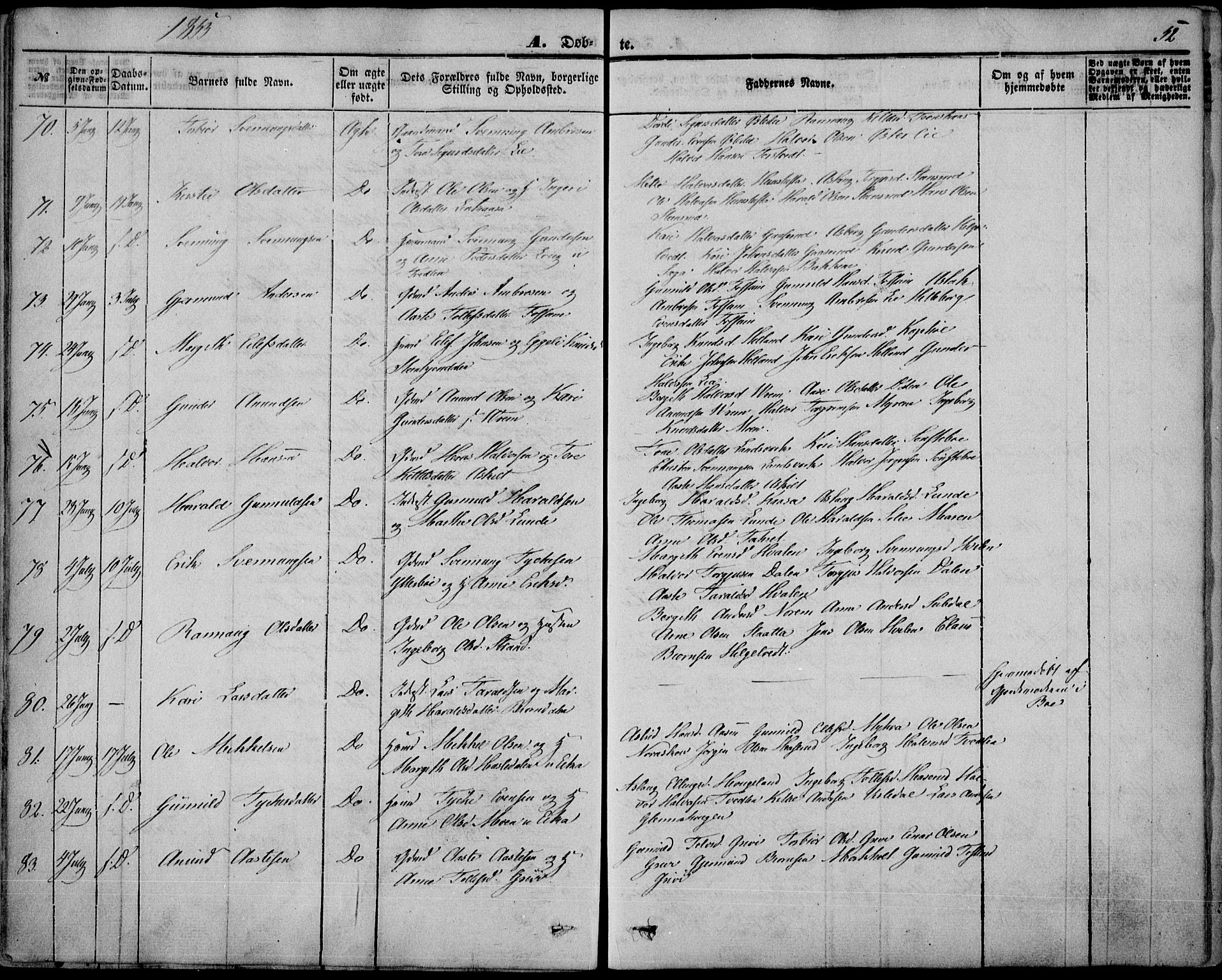 Bø kirkebøker, AV/SAKO-A-257/F/Fa/L0008: Ministerialbok nr. 8, 1849-1861, s. 52