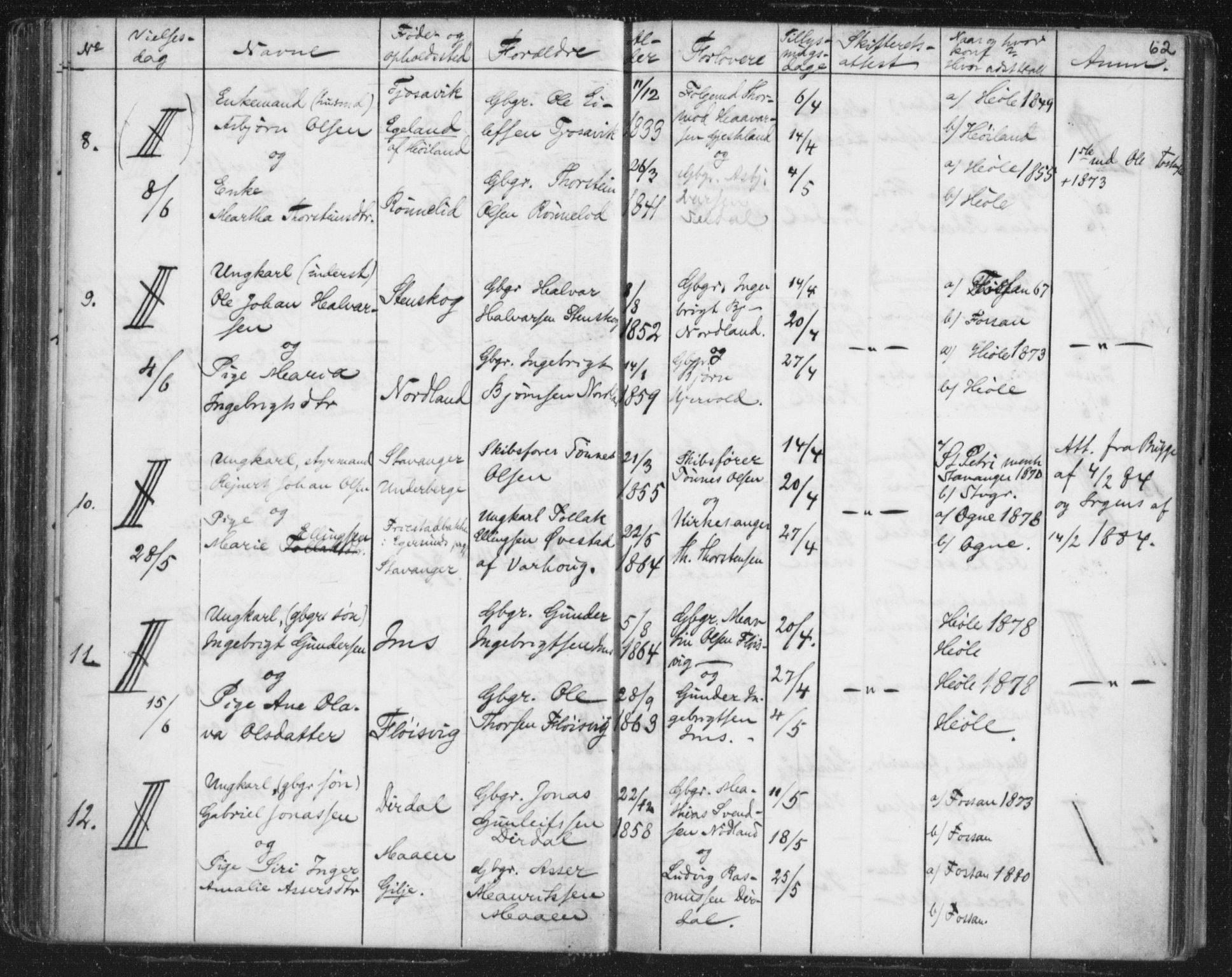 Høgsfjord sokneprestkontor, AV/SAST-A-101624/I/Ie/L0001: Lysningsprotokoll nr. 705.BA.1, 1871-1899, s. 62