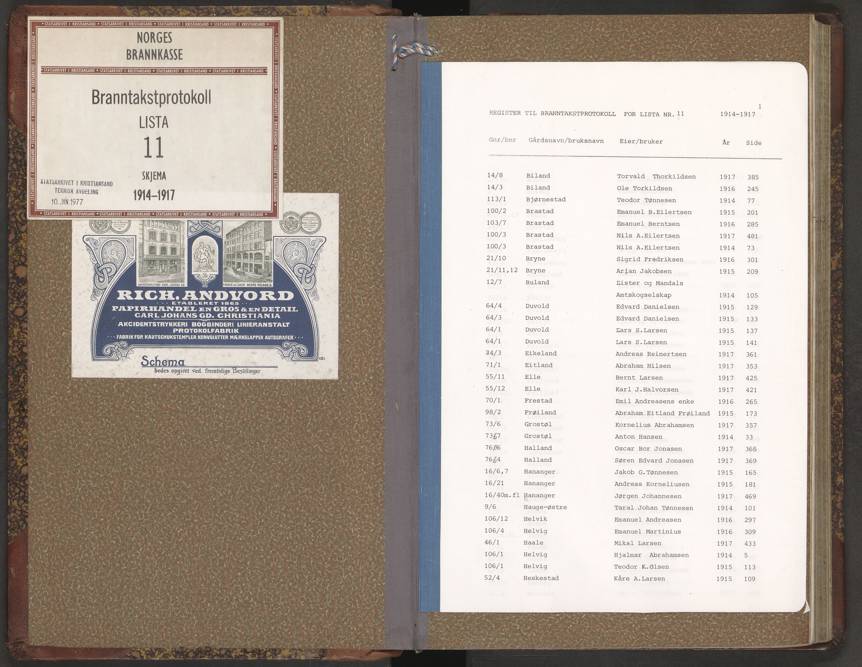 Norges Brannkasse Lista, AV/SAK-2241-0035/F/Fa/L0011: Branntakstprotokoll nr. 11 med gårdsnavnregister, 1914-1917