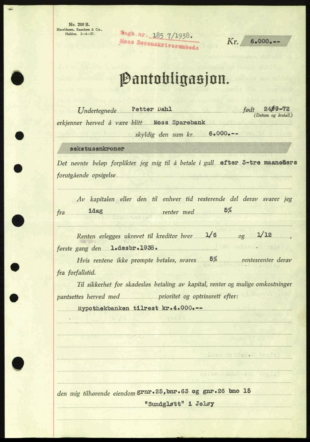Moss sorenskriveri, SAO/A-10168: Pantebok nr. B6, 1938-1938, Dagboknr: 1857/1938