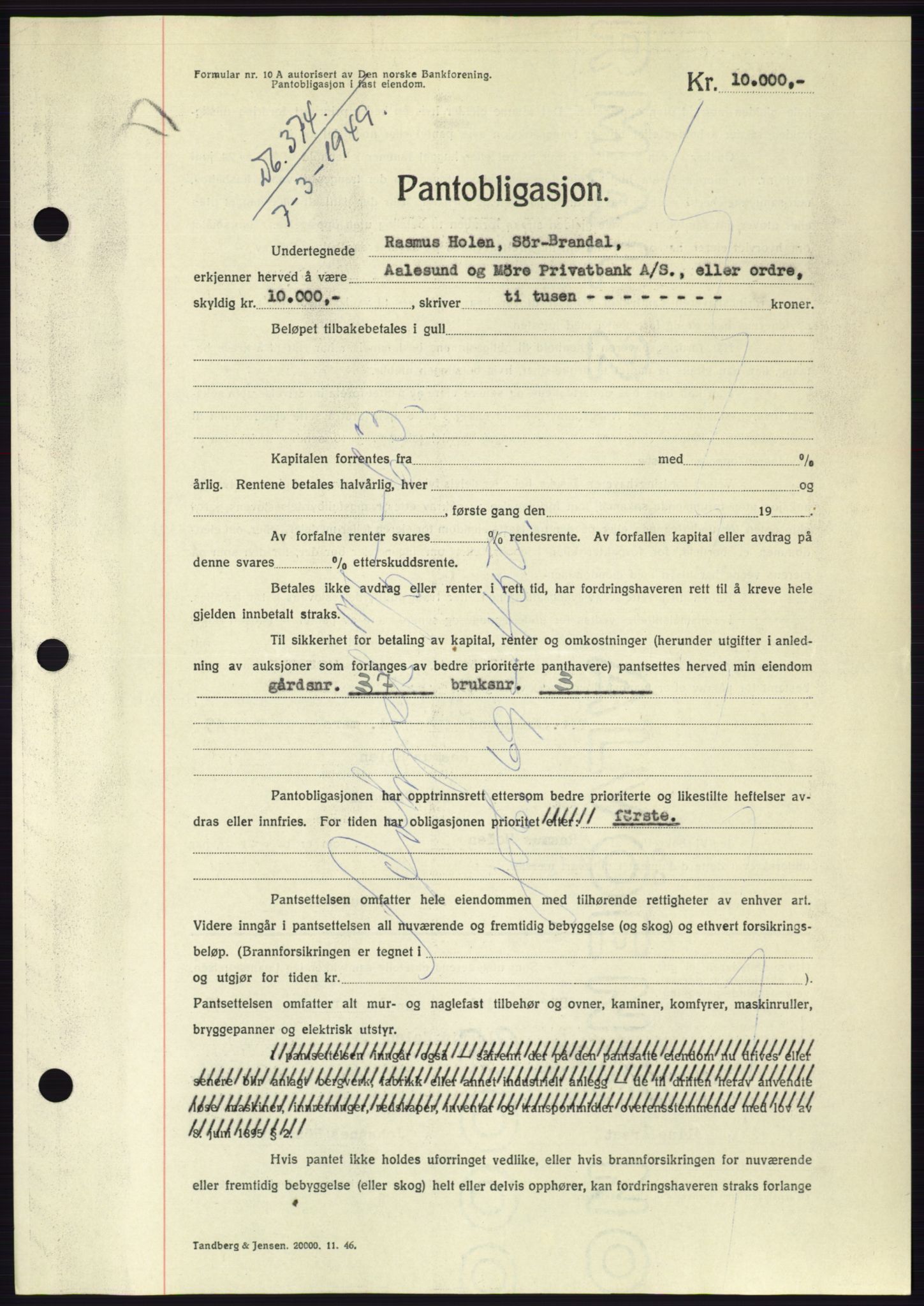 Søre Sunnmøre sorenskriveri, SAT/A-4122/1/2/2C/L0116: Pantebok nr. 4B, 1948-1949, Dagboknr: 374/1949