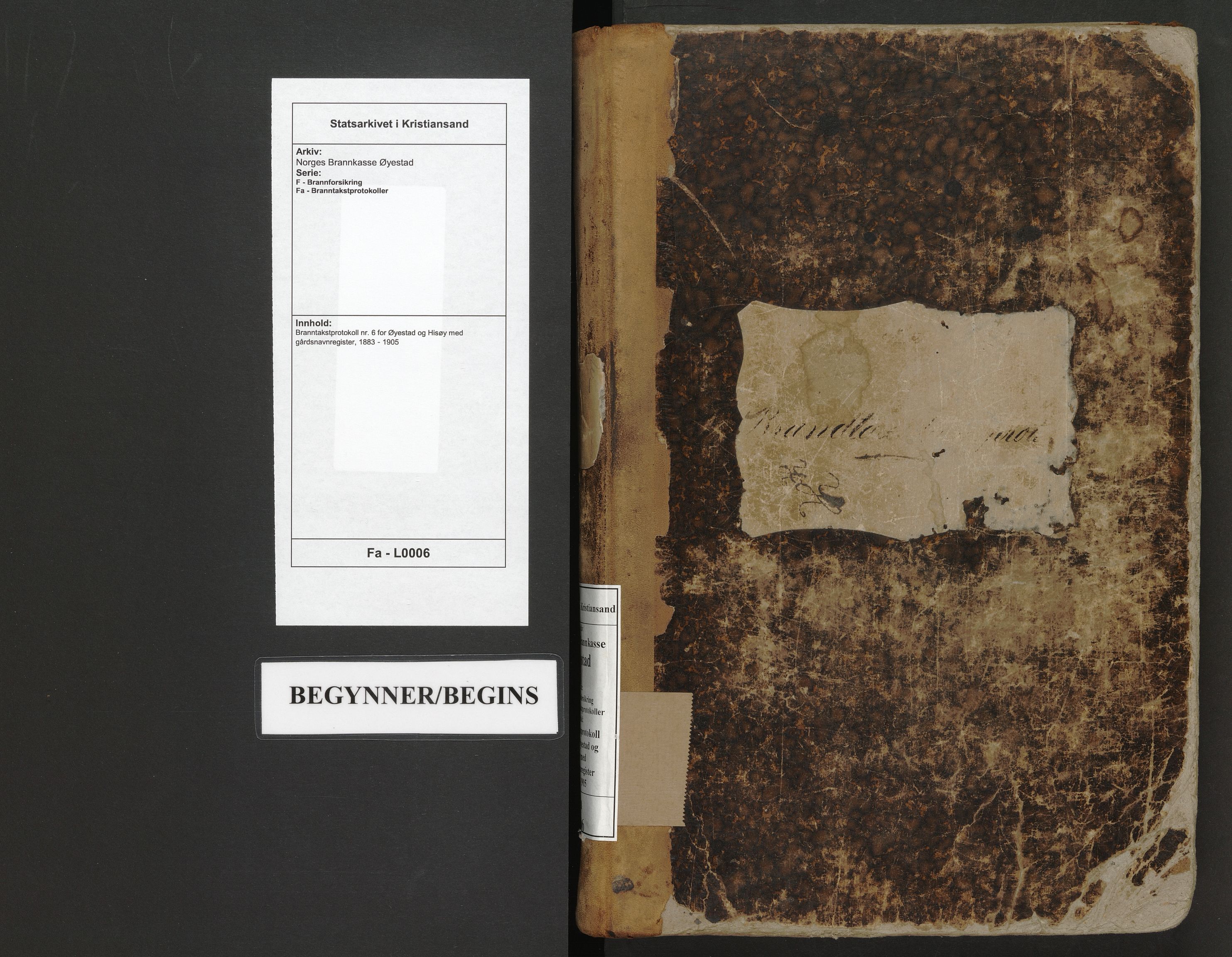 Norges Brannkasse Øyestad, SAK/2241-0059/F/Fa/L0006: Branntakstprotokoll nr. 6 for Øyestad og Hisøy med gårdsnavnregister, 1883-1905