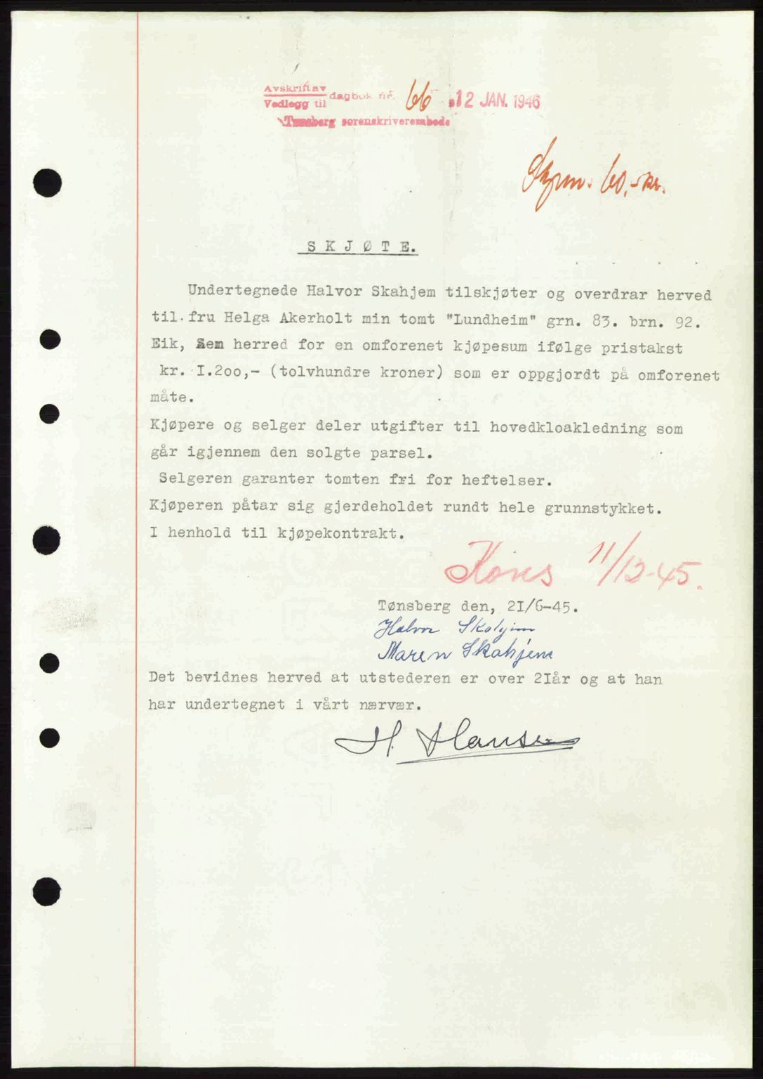 Jarlsberg sorenskriveri, SAKO/A-131/G/Ga/Gaa/L0018b: Pantebok nr. A-18b, 1946-1946, Dagboknr: 66/1946