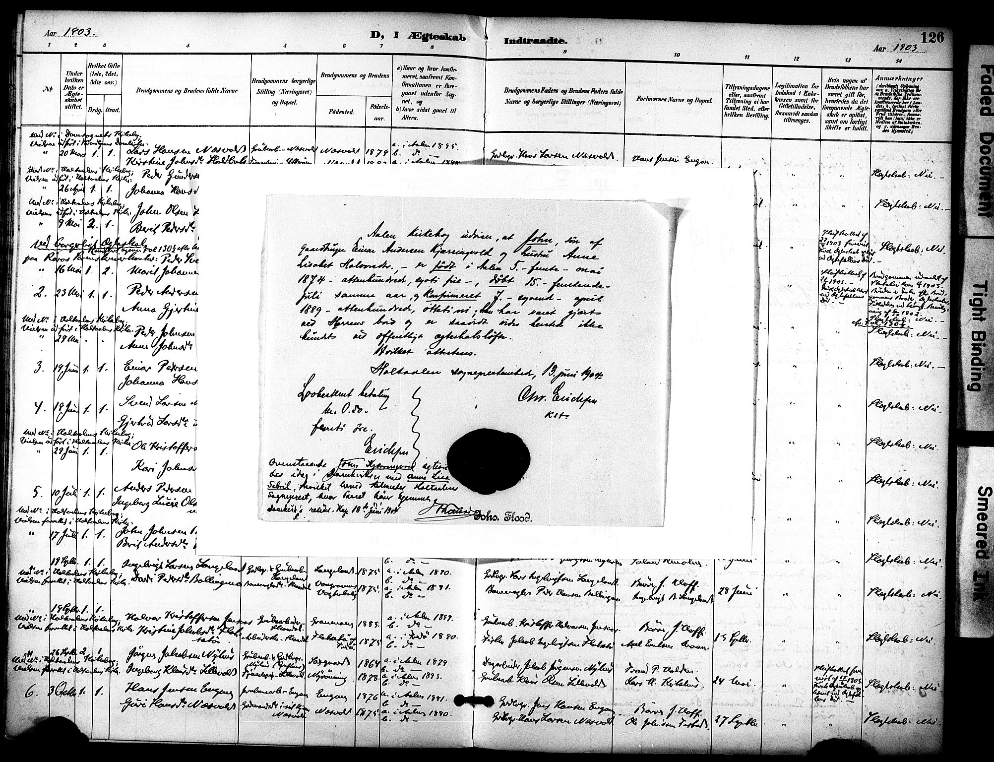 Ministerialprotokoller, klokkerbøker og fødselsregistre - Sør-Trøndelag, AV/SAT-A-1456/686/L0984: Ministerialbok nr. 686A02, 1891-1906, s. 126