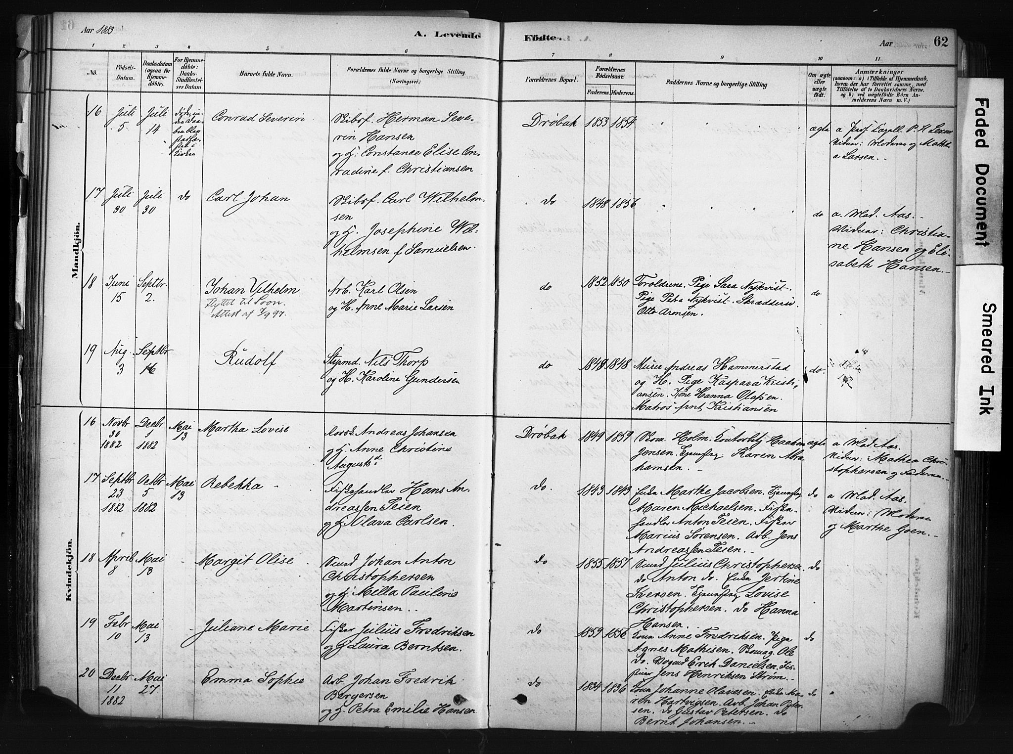 Drøbak prestekontor Kirkebøker, AV/SAO-A-10142a/F/Fb/L0001: Ministerialbok nr. II 1, 1878-1891, s. 62