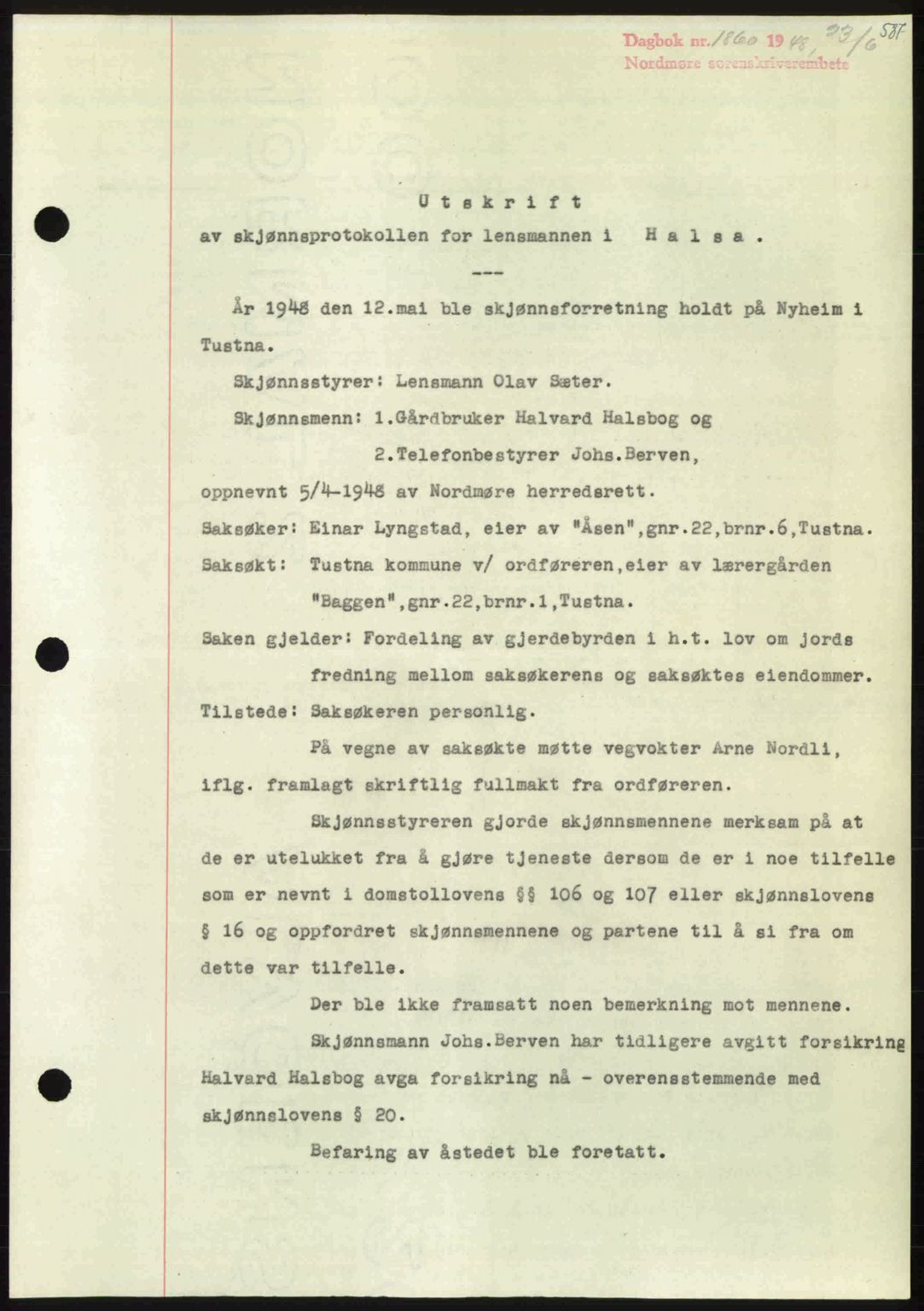 Nordmøre sorenskriveri, SAT/A-4132/1/2/2Ca: Pantebok nr. A108, 1948-1948, Dagboknr: 1860/1948