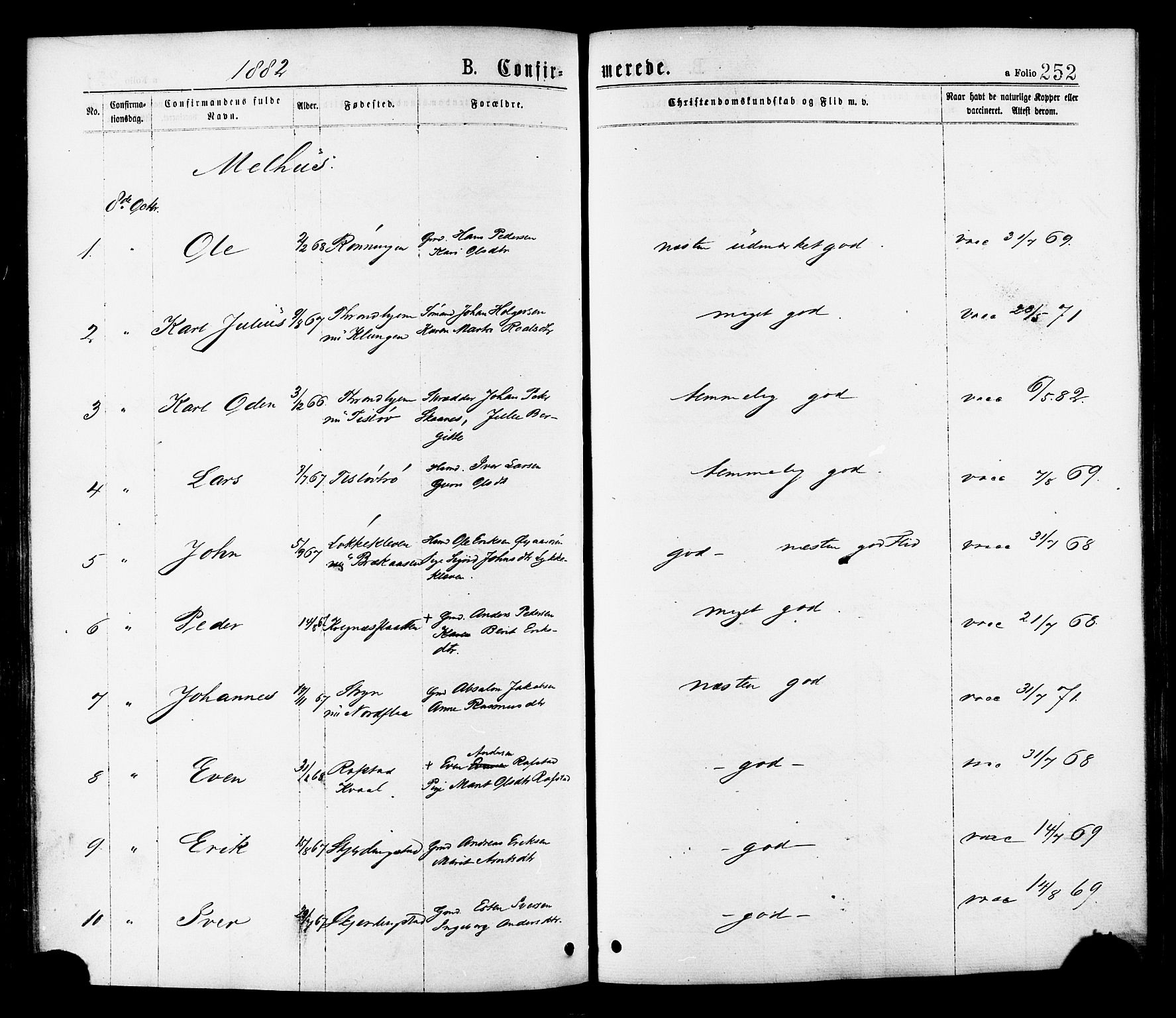 Ministerialprotokoller, klokkerbøker og fødselsregistre - Sør-Trøndelag, SAT/A-1456/691/L1079: Ministerialbok nr. 691A11, 1873-1886, s. 252