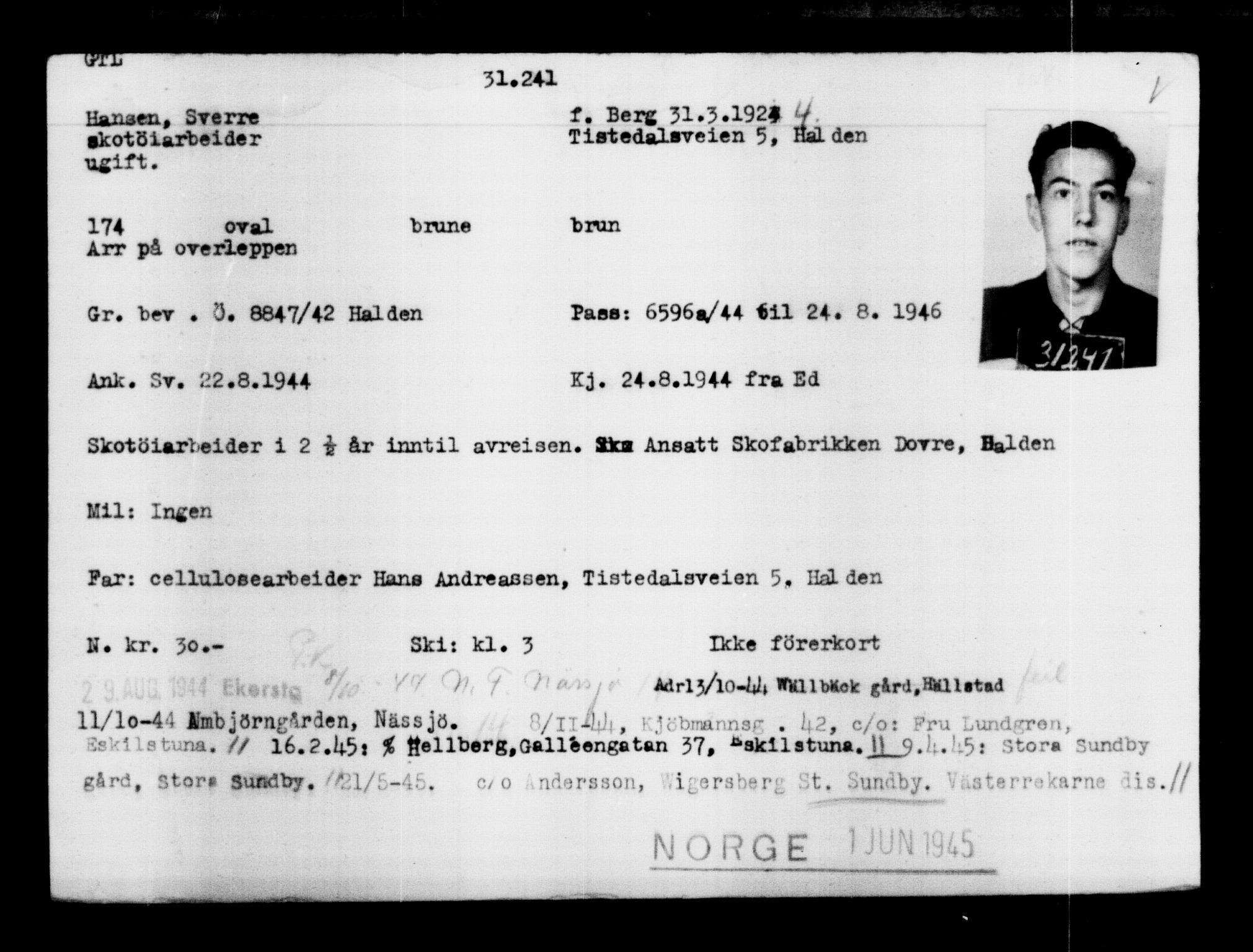 Utenriksstasjonene, Legasjonen i Stockholm, Flyktningkontoret, AV/RA-S-6753/V/Va/L0012: Kjesäterkartoteket, flyktninger med registreringsnr. 28300-31566, 1940-1945, s. 3185