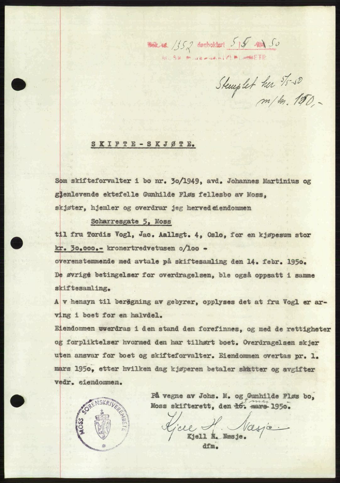 Moss sorenskriveri, SAO/A-10168: Pantebok nr. A26, 1950-1950, Dagboknr: 1352/1950