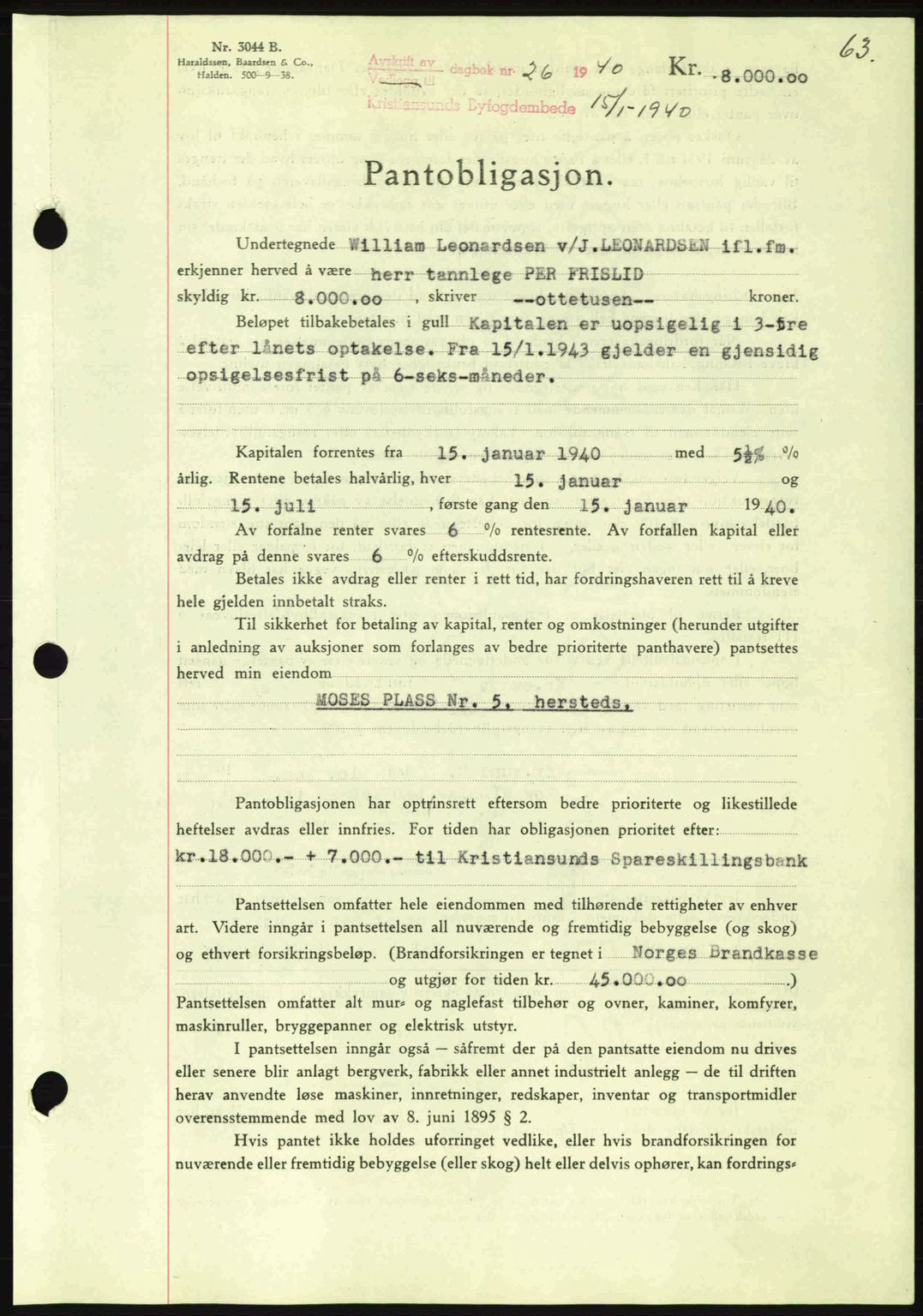 Kristiansund byfogd, AV/SAT-A-4587/A/27: Pantebok nr. 33, 1939-1941, Dagboknr: 26/1940