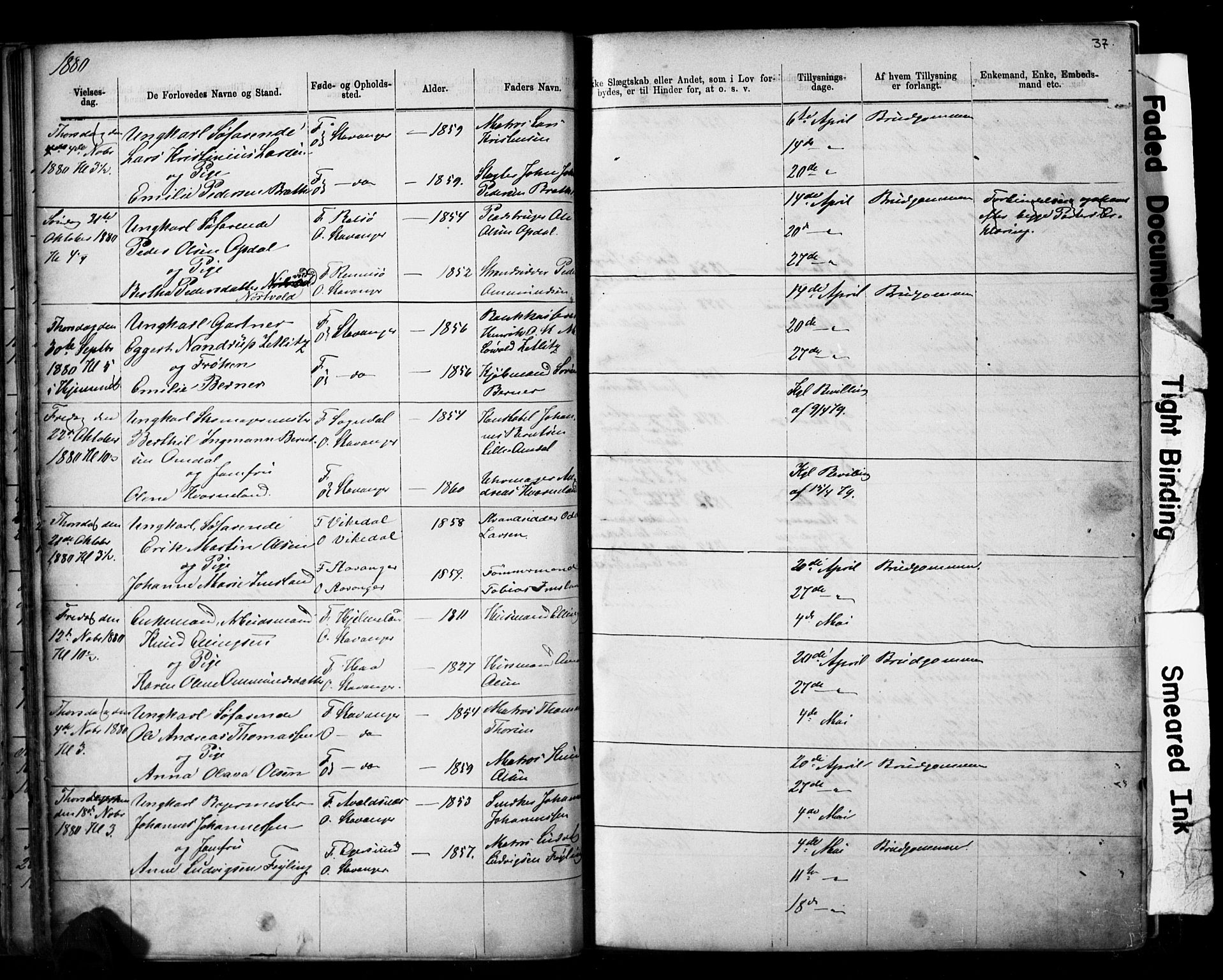 Domkirken sokneprestkontor, AV/SAST-A-101812/001/30/30BB/L0014: Klokkerbok nr. B 14, 1875-1902, s. 37